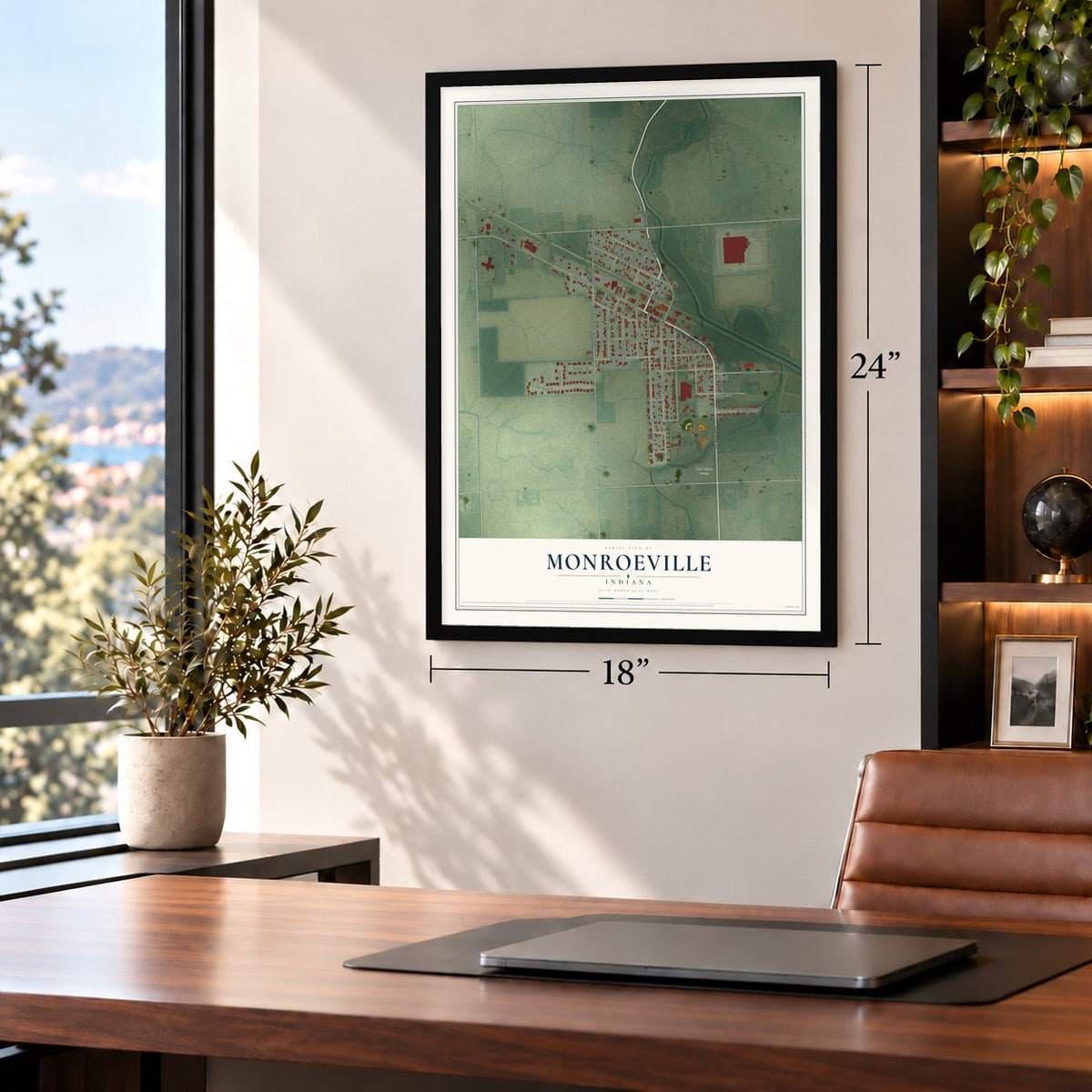 Monroeville, Indiana map, 18 x 24 inch print in a black frame in a home office
