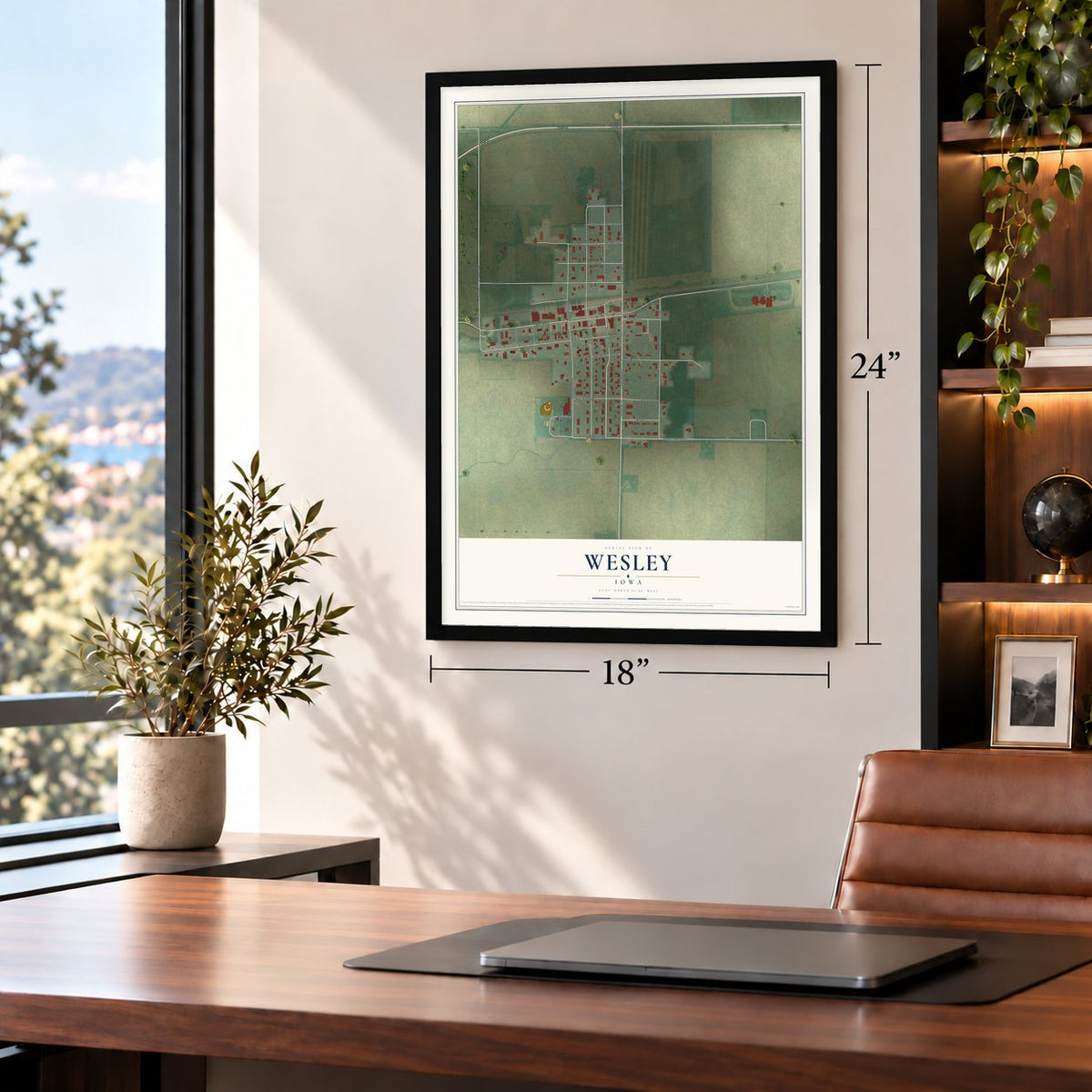 Wesley, Iowa map, 18 x 24 inch print in a black frame in a home office