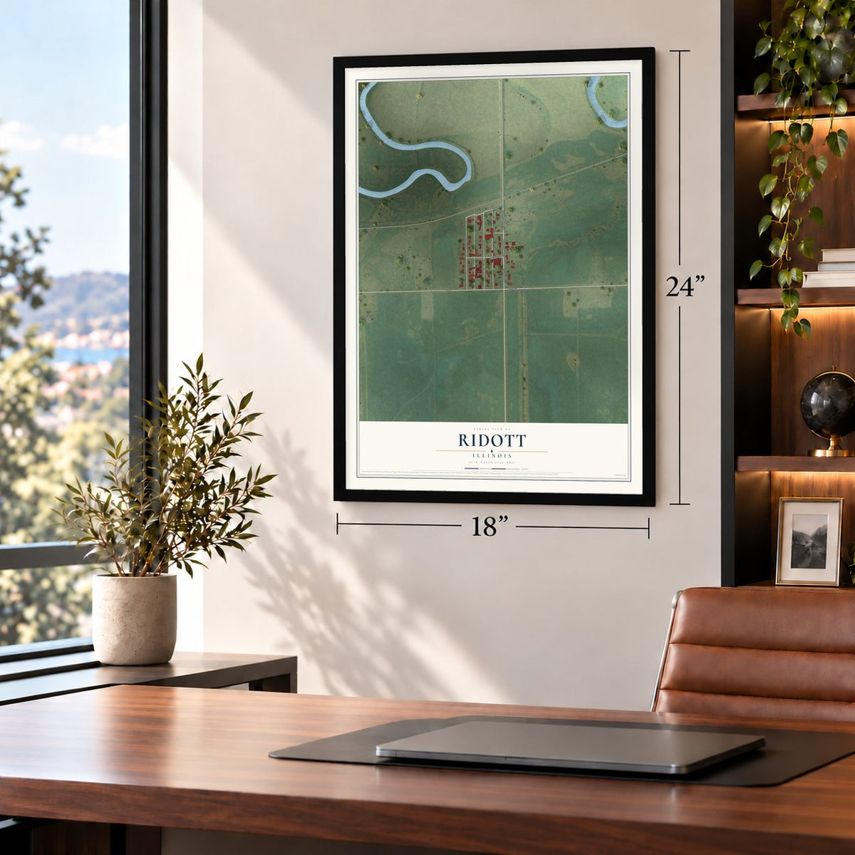 Ridott, Illinois map, 18 x 24 inch print in a black frame in a home office