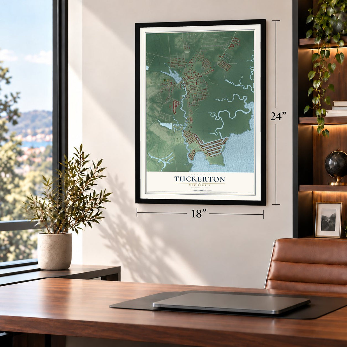 Tuckerton, New Jersey map, 18 x 24 inch print in a black frame in a home office