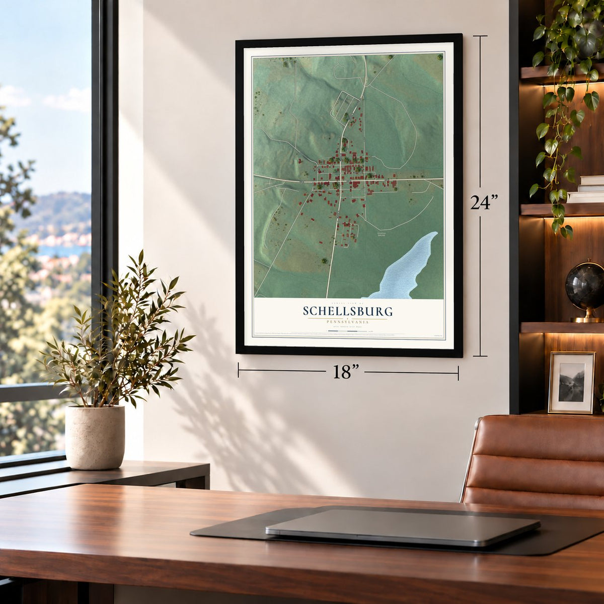 Schellsburg, Pennsylvania map, 18 x 24 inch print in a black frame in a home office