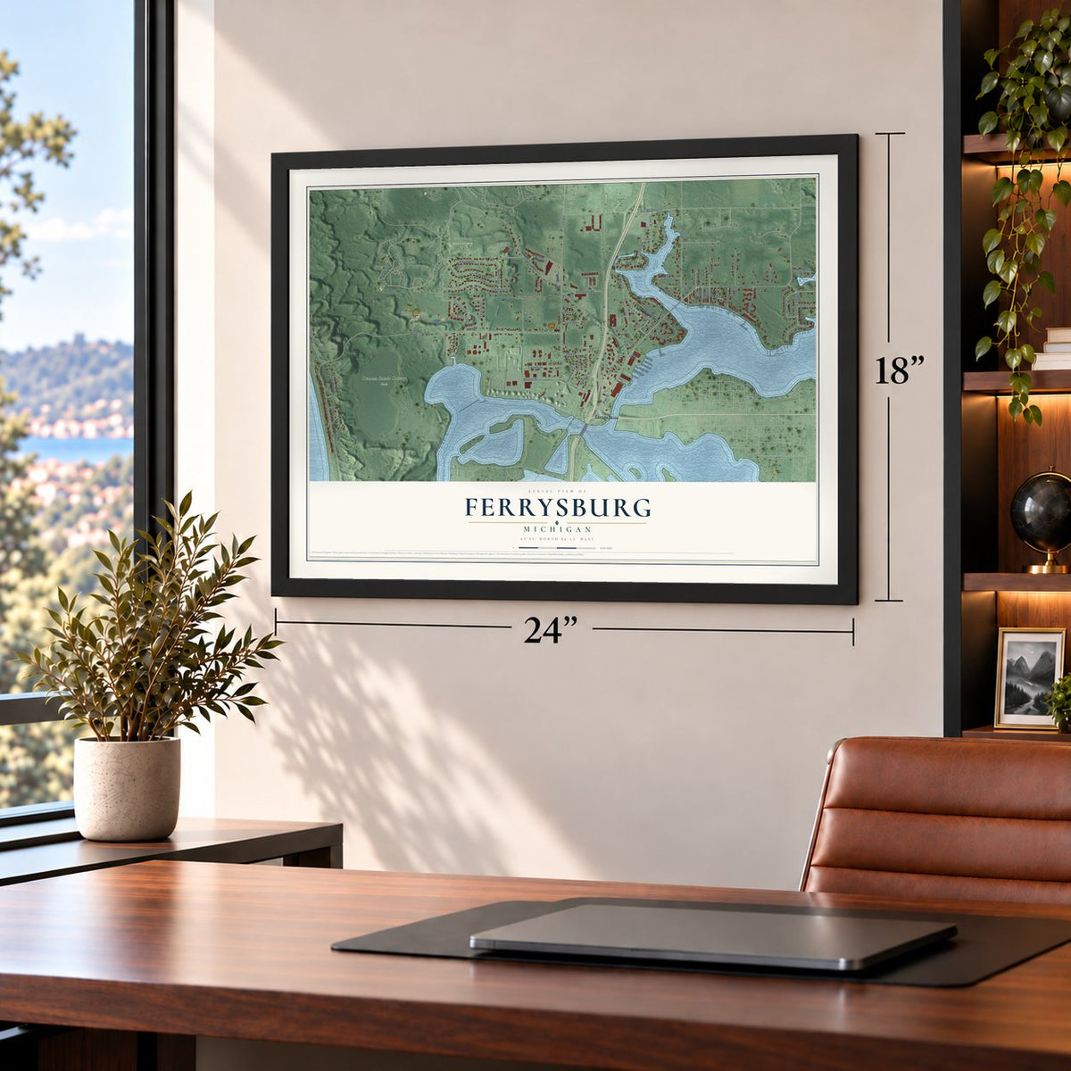 Ferrysburg, Michigan map, 18 x 24 inch print in a black frame in a home office