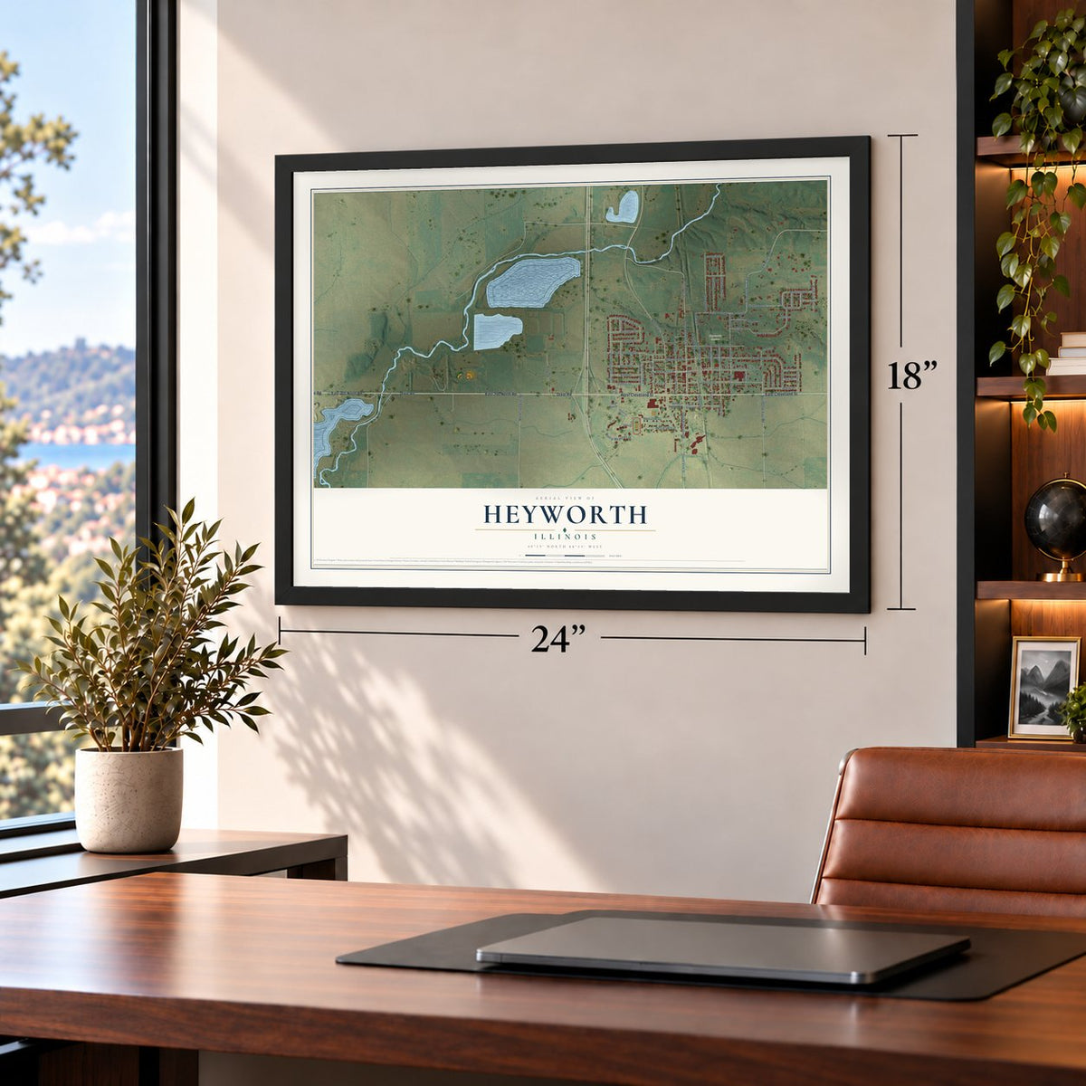 Heyworth, Illinois map, 18 x 24 inch print in a black frame in a home office