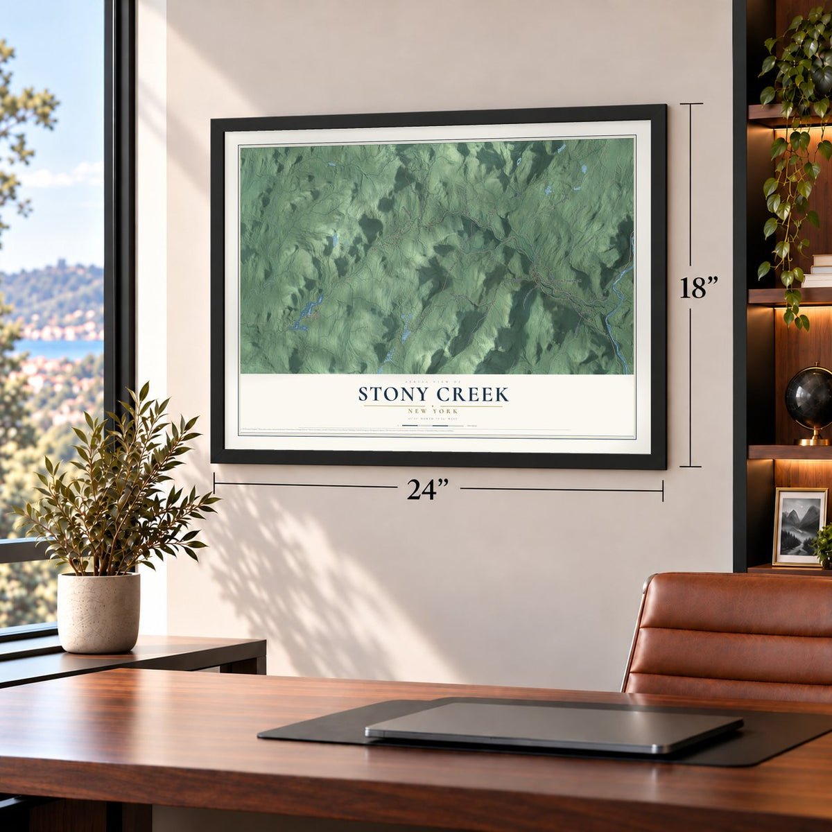 Stony Creek, New York map, 18 x 24 inch print in a black frame in a home office