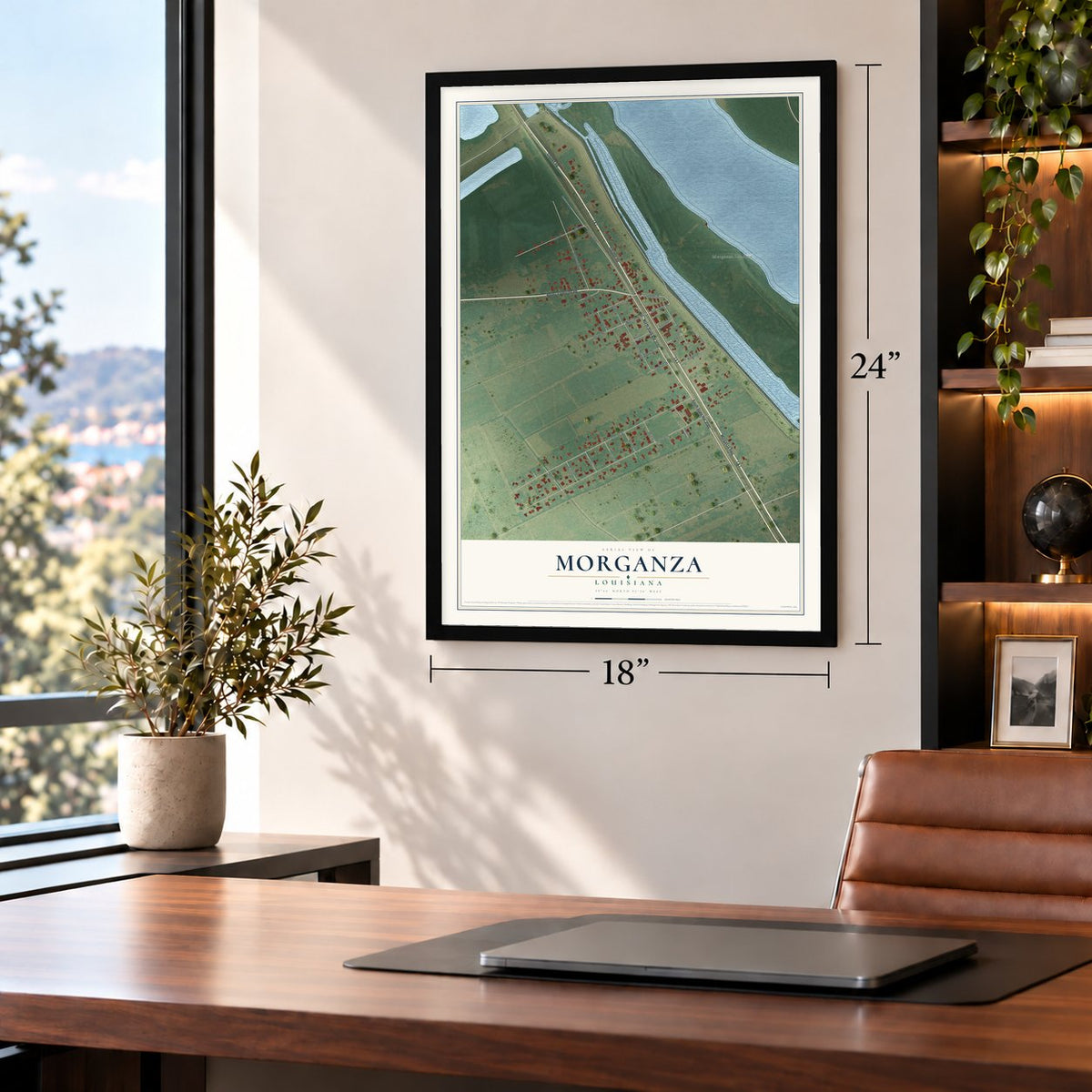 Morganza, Louisiana map, 18 x 24 inch print in a black frame in a home office