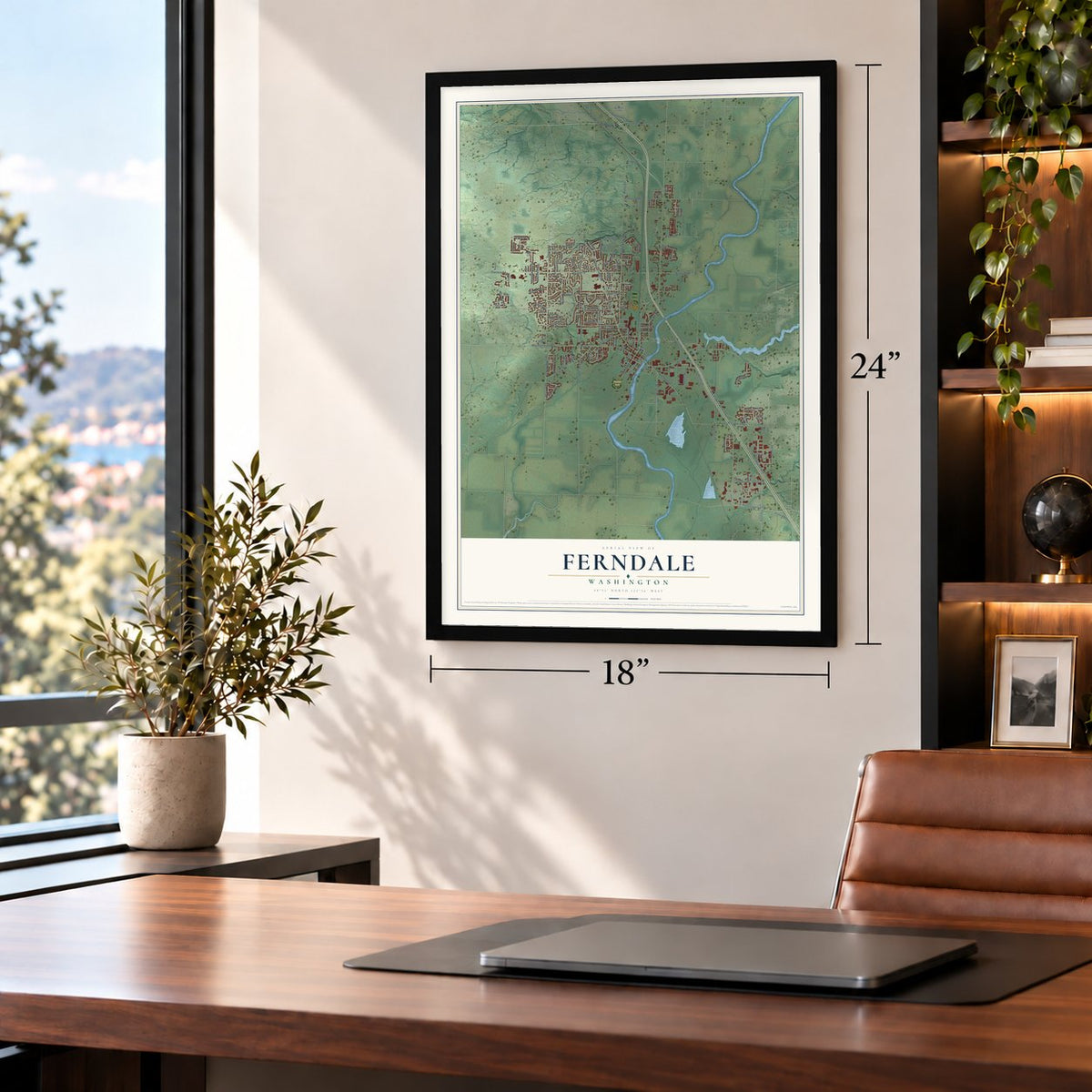 Ferndale, Washington map, 18 x 24 inch print in a black frame in a home office