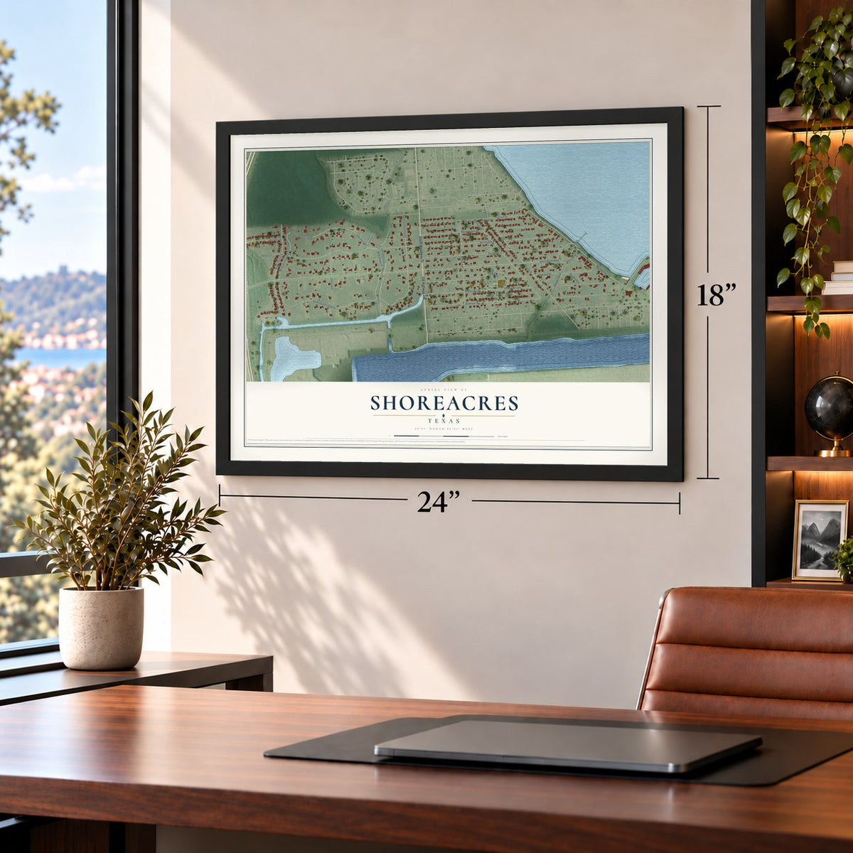 Shoreacres, Texas map, 18 x 24 inch print in a black frame in a home office