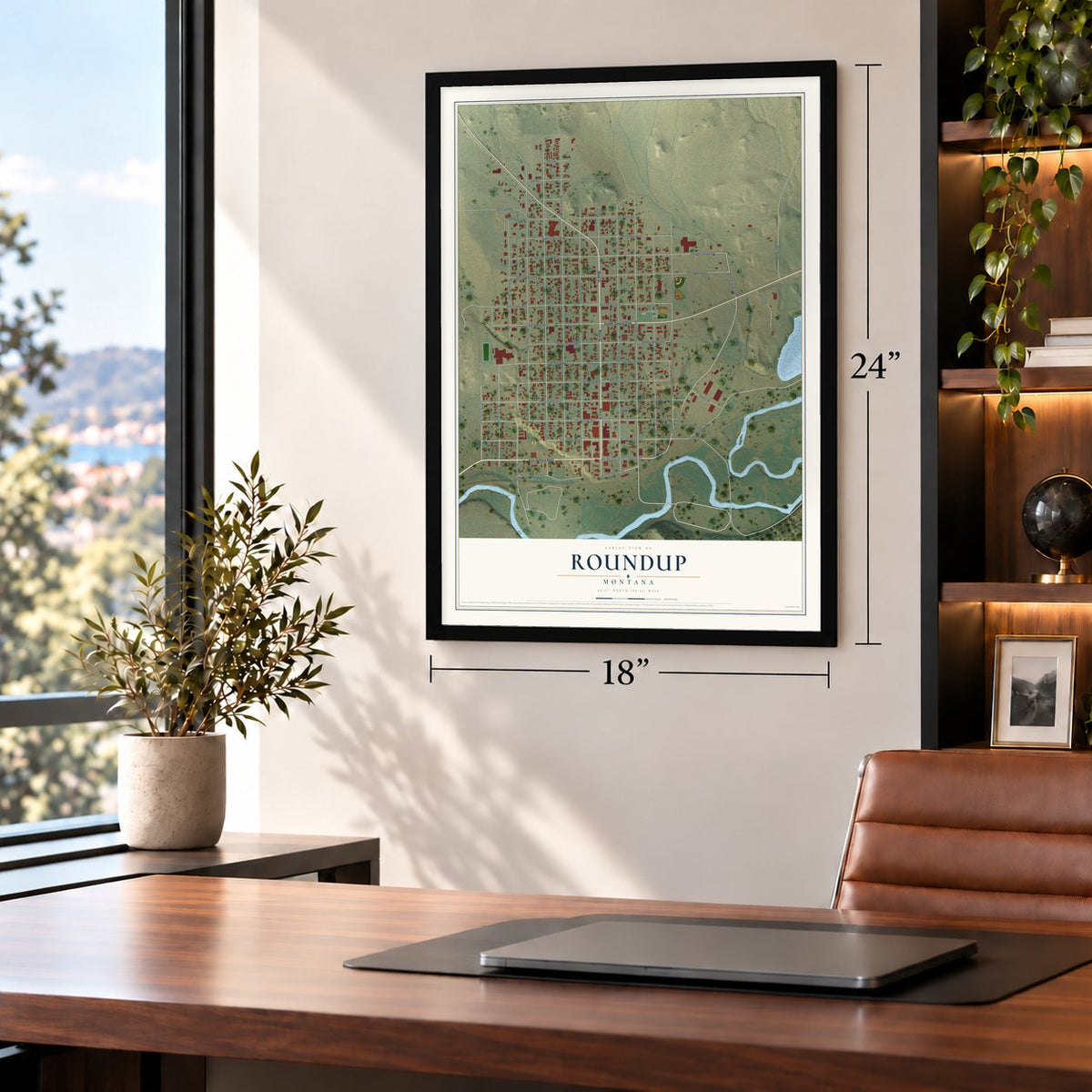 Roundup, Montana map, 18 x 24 inch print in a black frame in a home office