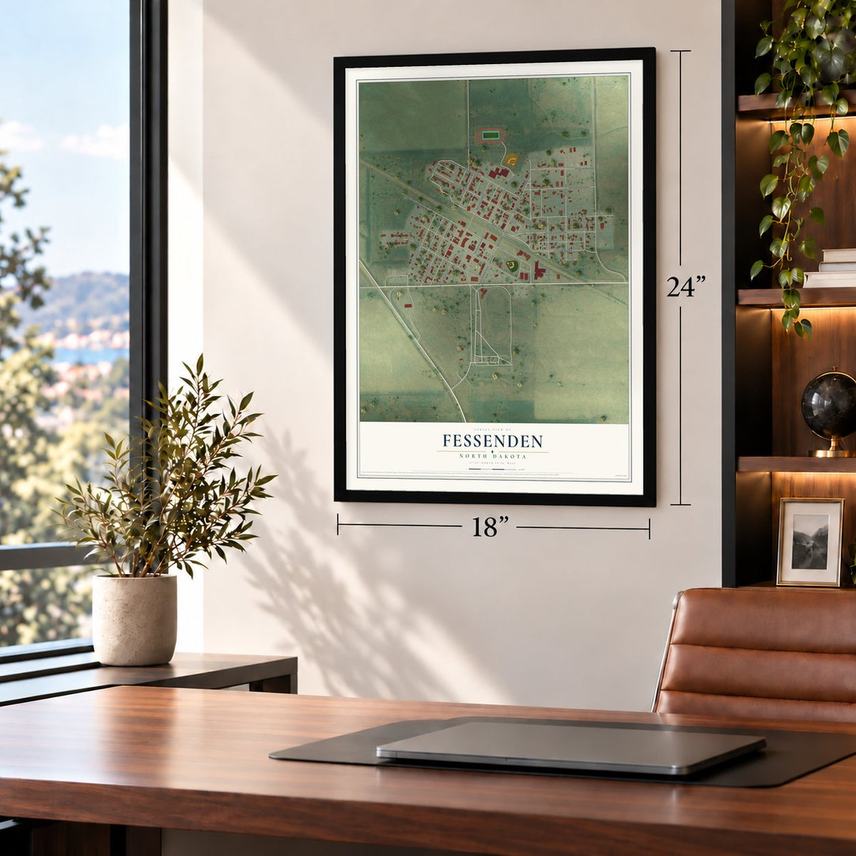 Fessenden, North Dakota map, 18 x 24 inch print in a black frame in a home office