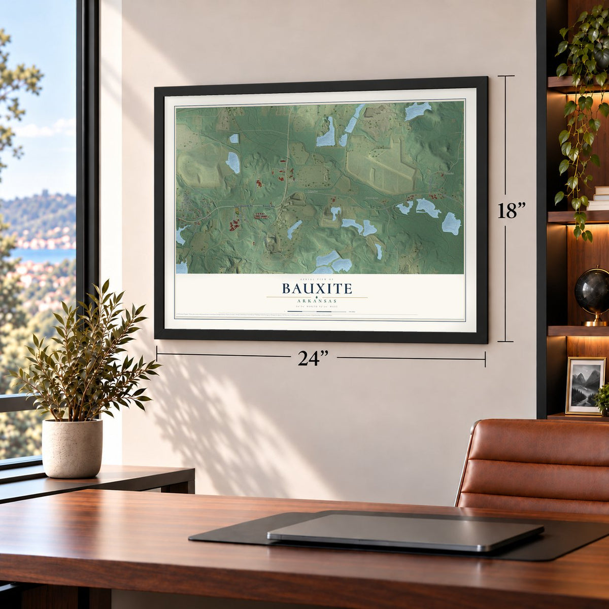 Bauxite, Arkansas map, 18 x 24 inch print in a black frame in a home office
