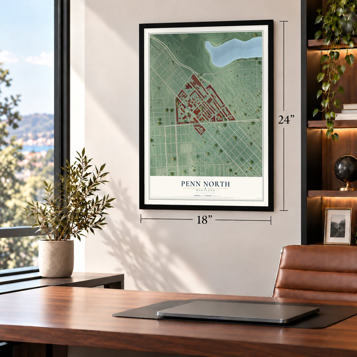 Penn North, Maryland map, 18 x 24 inch print in a black frame in a home office
