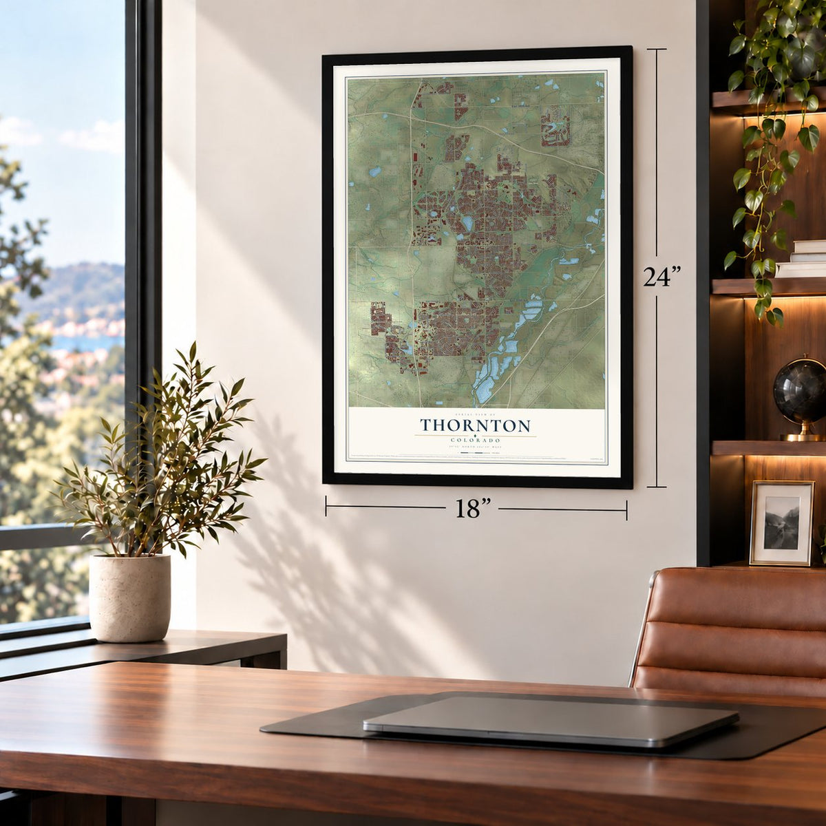 Thornton, Colorado map, 18 x 24 inch print in a black frame in a home office