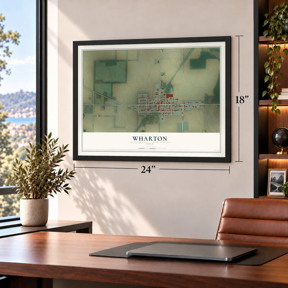 Wharton, Ohio map, 18 x 24 inch print in a black frame in a home office