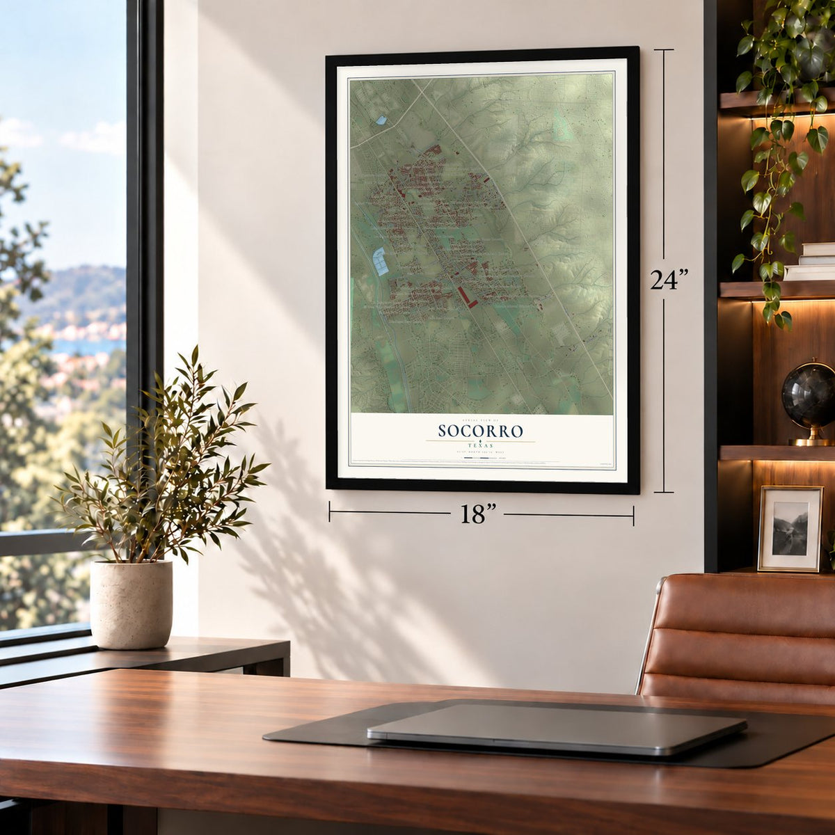 Socorro, Texas map, 18 x 24 inch print in a black frame in a home office