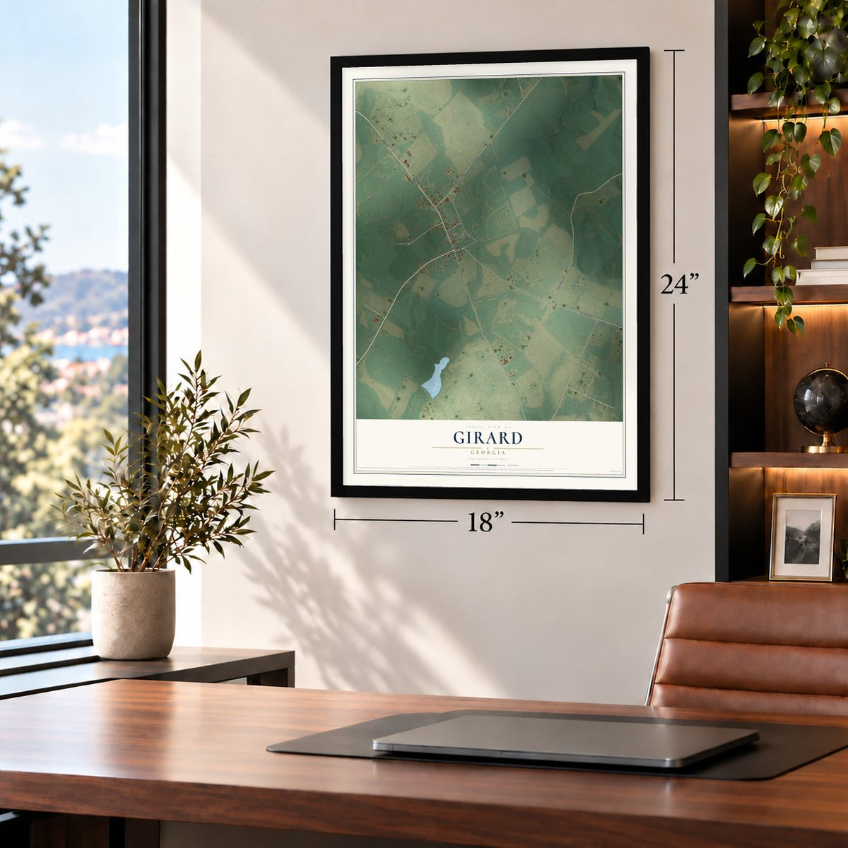 Girard, Georgia map, 18 x 24 inch print in a black frame in a home office