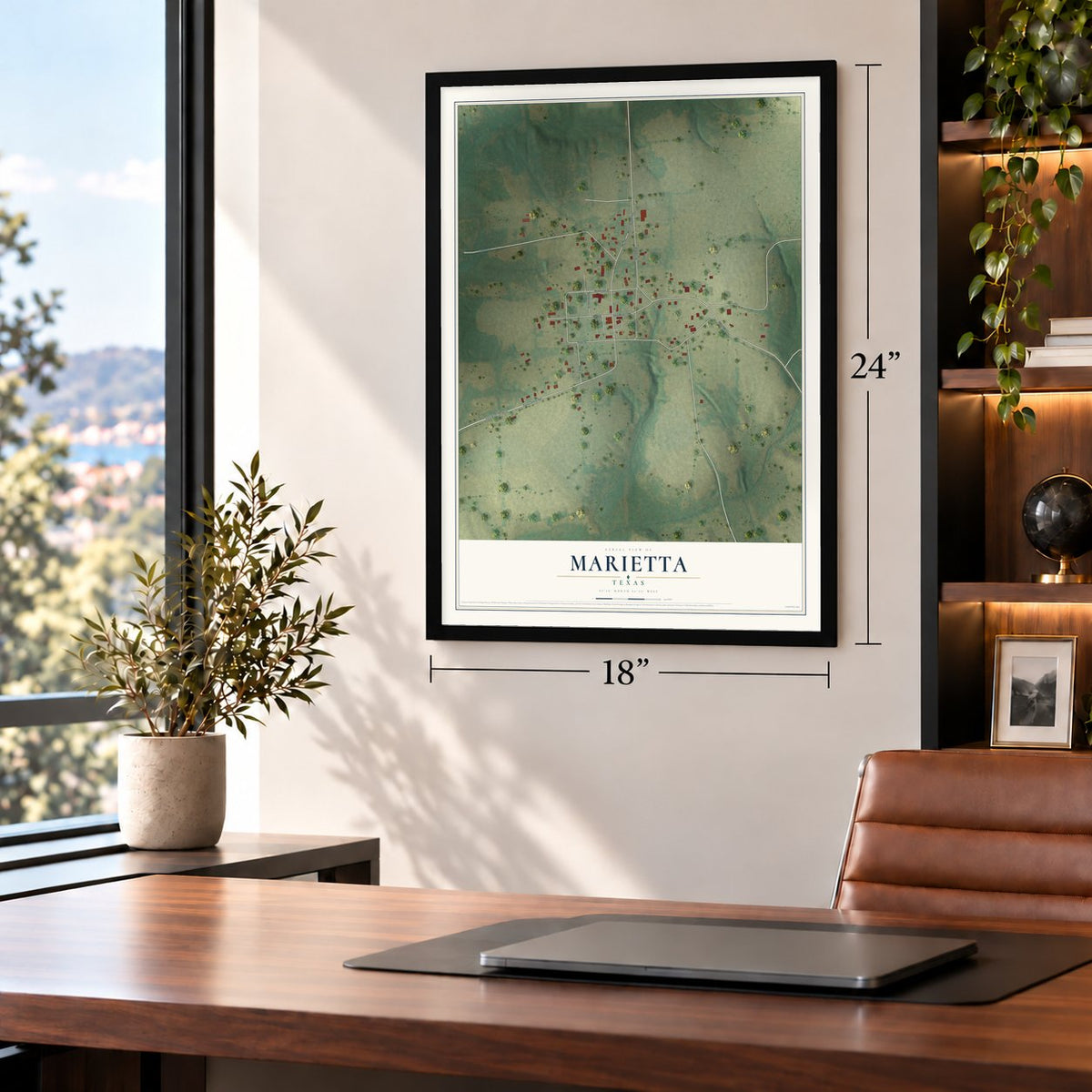 Marietta, Texas map, 18 x 24 inch print in a black frame in a home office