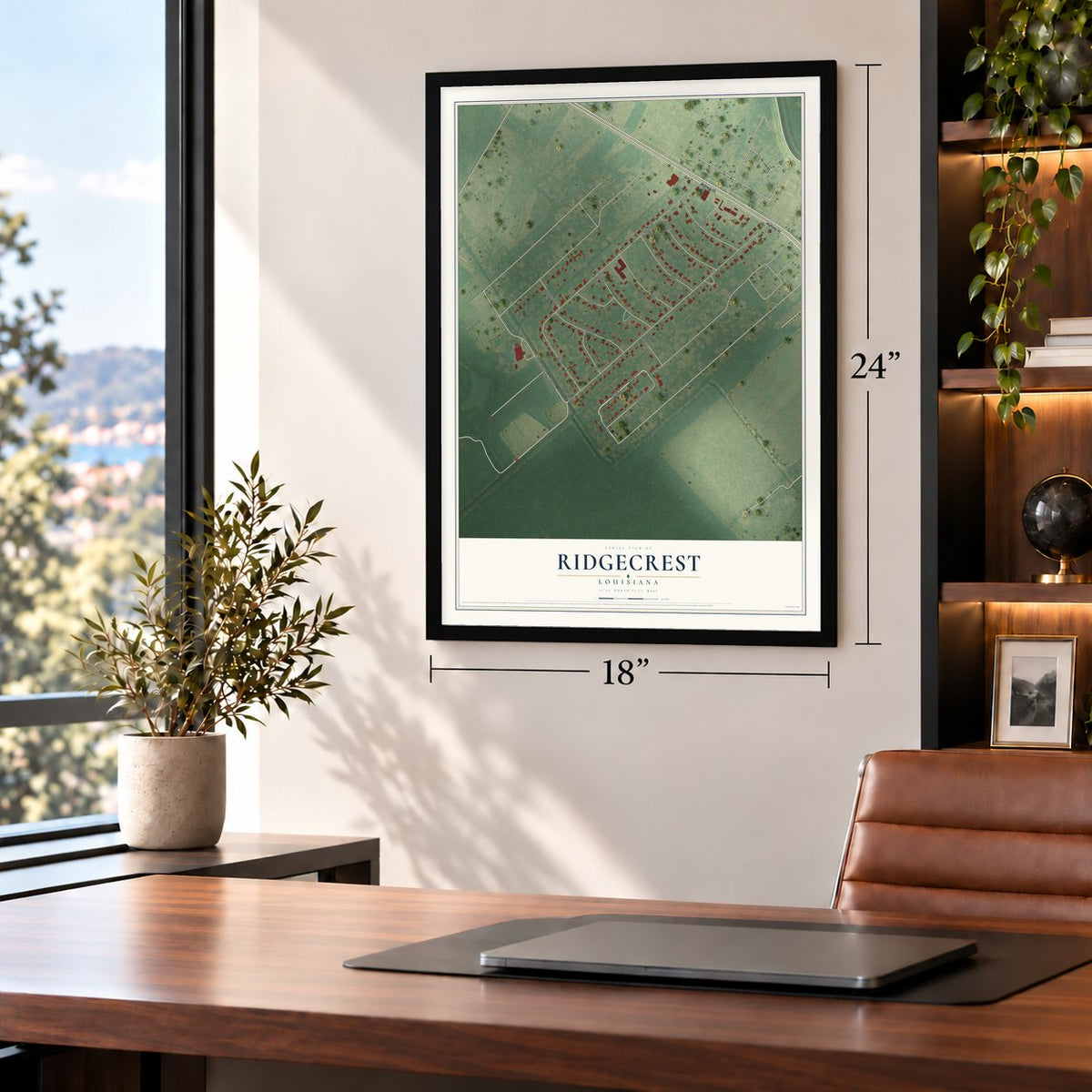 Ridgecrest, Louisiana map, 18 x 24 inch print in a black frame in a home office