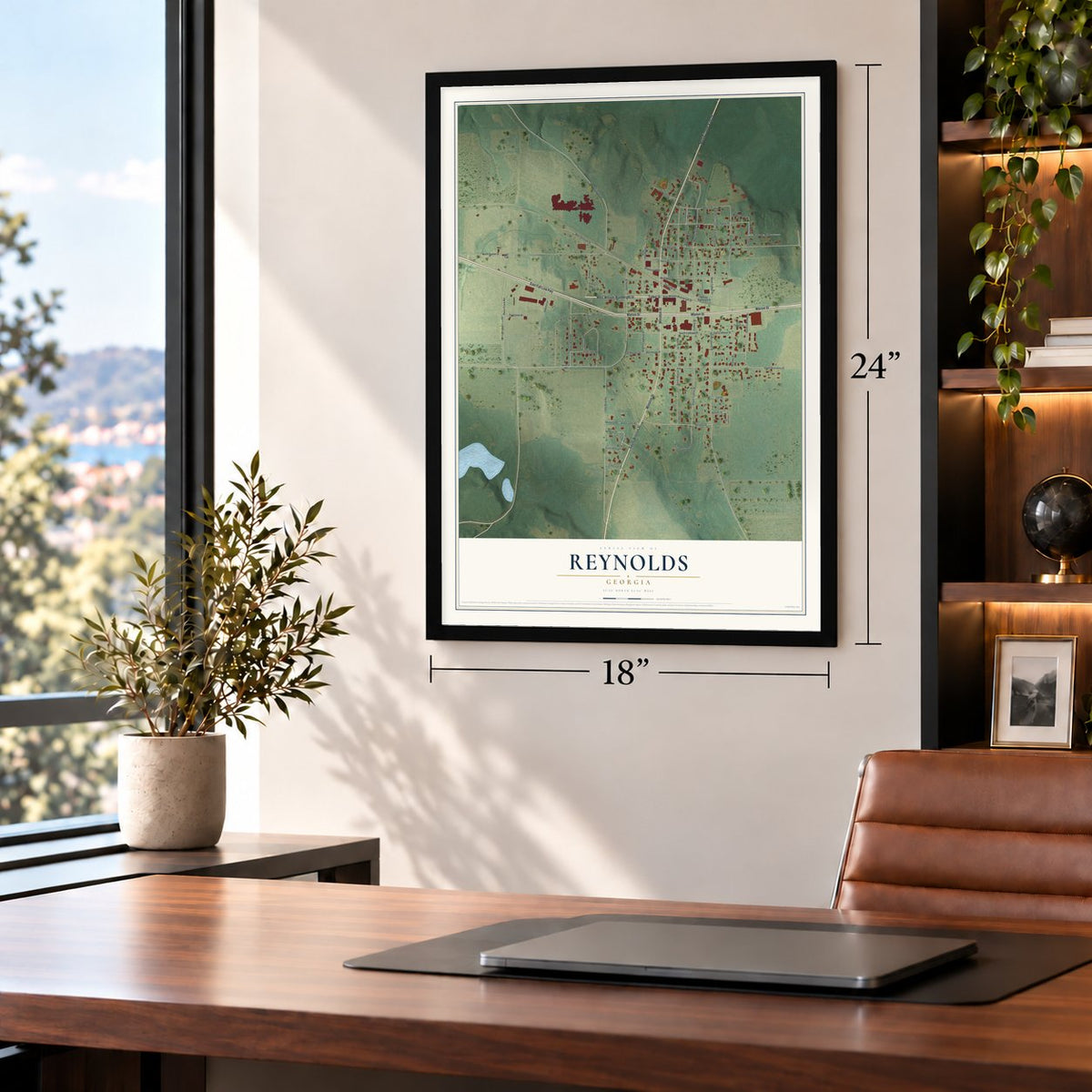 Reynolds, Georgia map, 18 x 24 inch print in a black frame in a home office