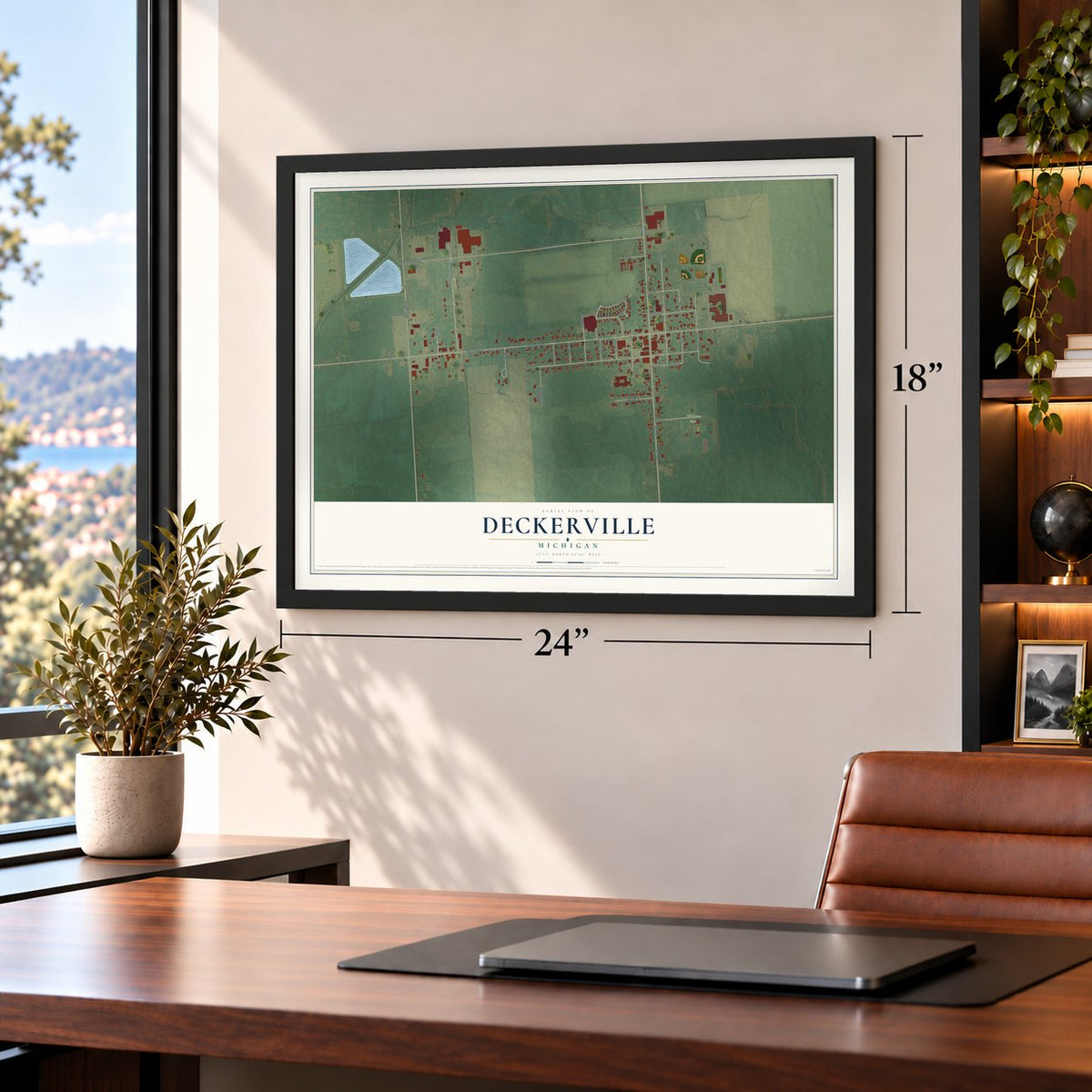 Deckerville, Michigan map, 18 x 24 inch print in a black frame in a home office