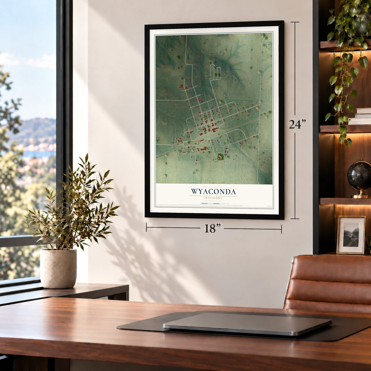 Wyaconda, Missouri map, 18 x 24 inch print in a black frame in a home office