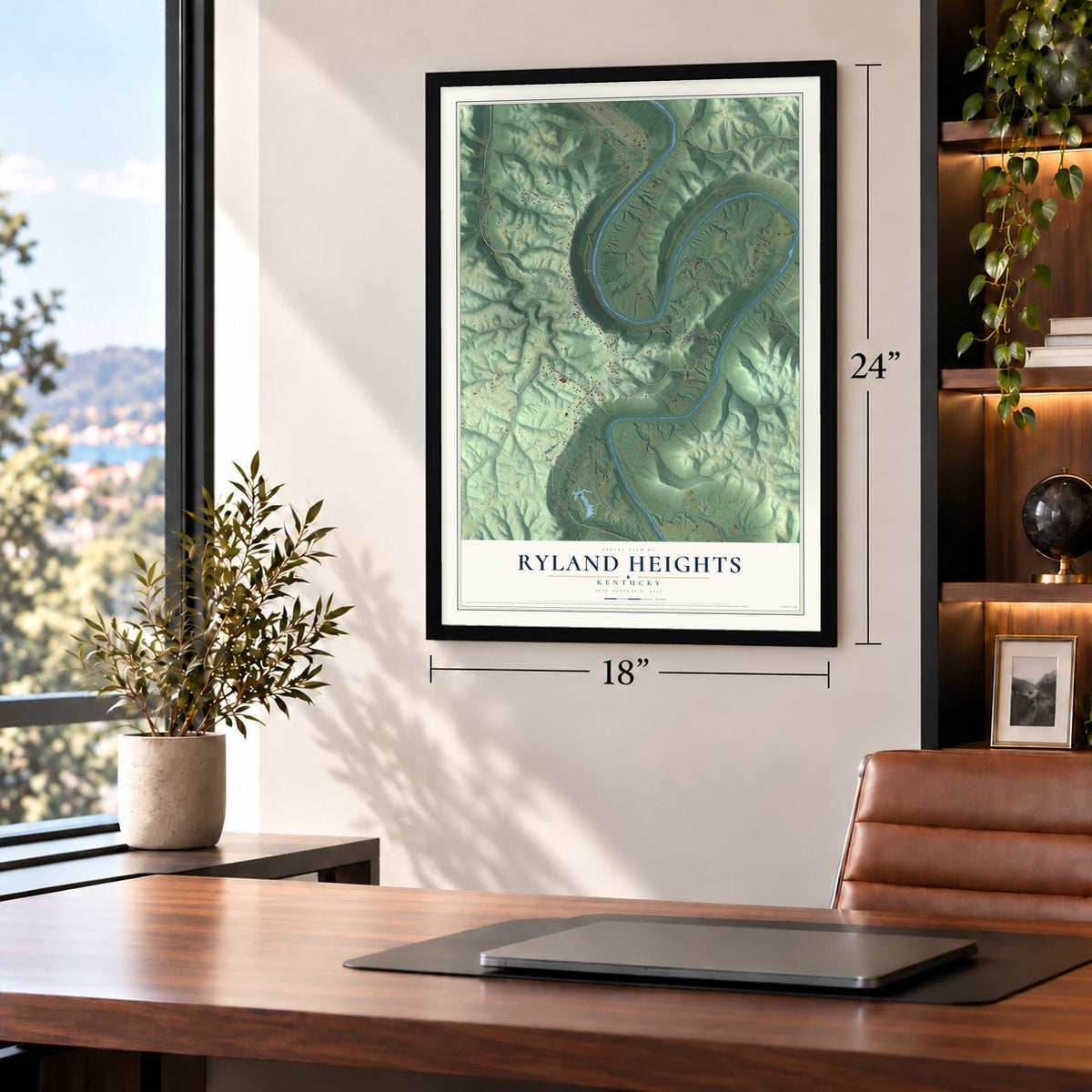 Ryland Heights, Kentucky map, 18 x 24 inch print in a black frame in a home office
