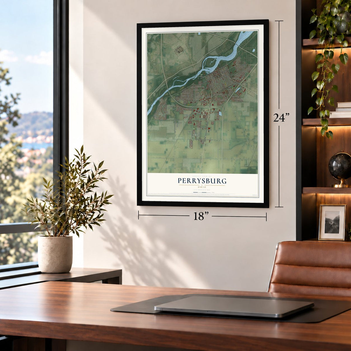 Perrysburg, Ohio map, 18 x 24 inch print in a black frame in a home office