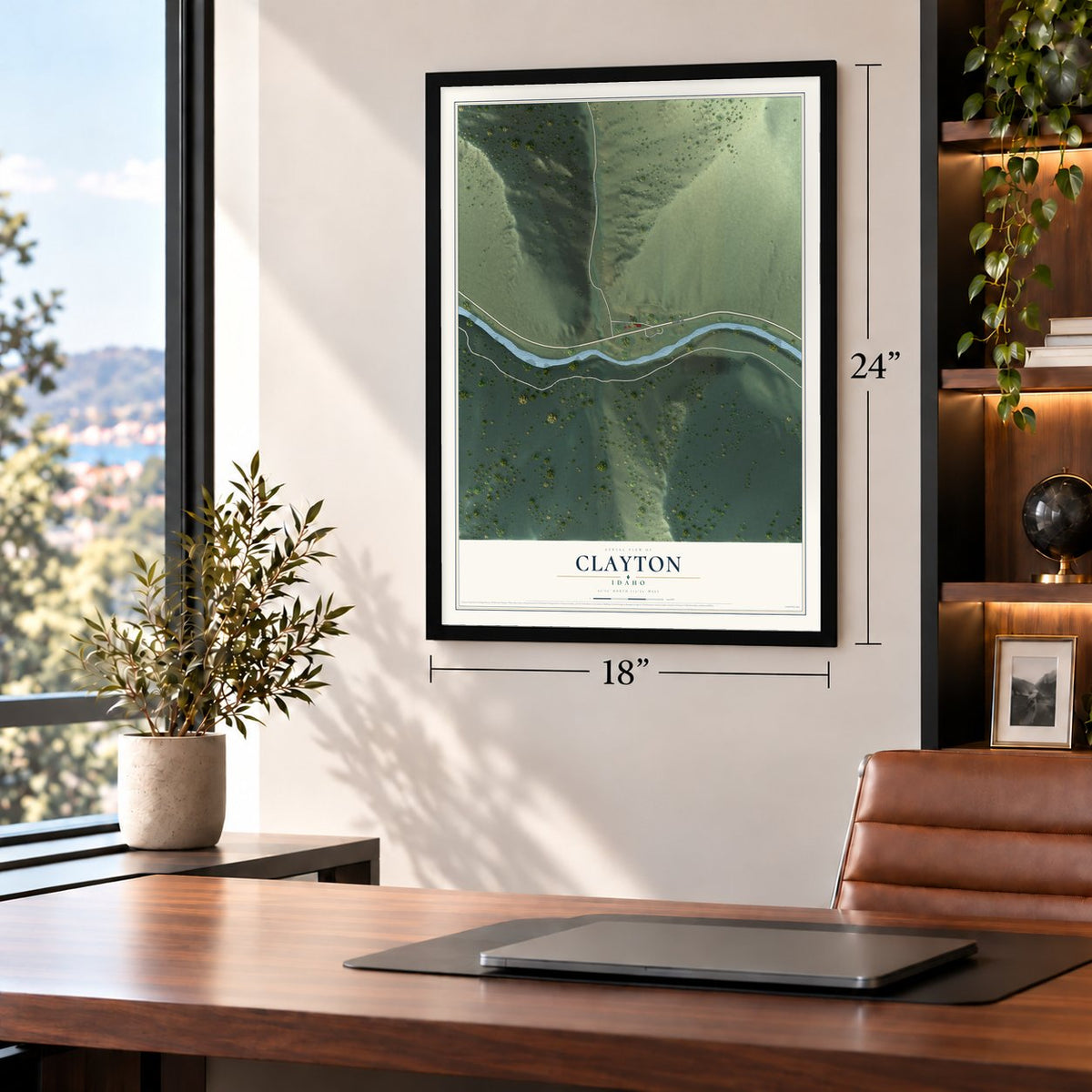 Clayton, Idaho map, 18 x 24 inch print in a black frame in a home office