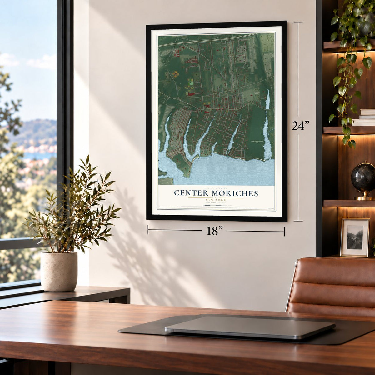 Center Moriches, New York map, 18 x 24 inch print in a black frame in a home office