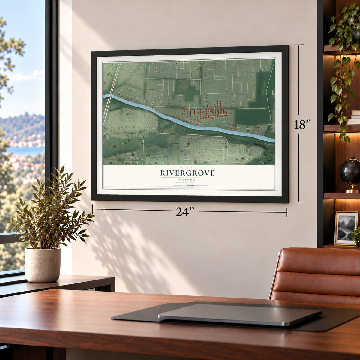 Rivergrove, Oregon map, 18 x 24 inch print in a black frame in a home office