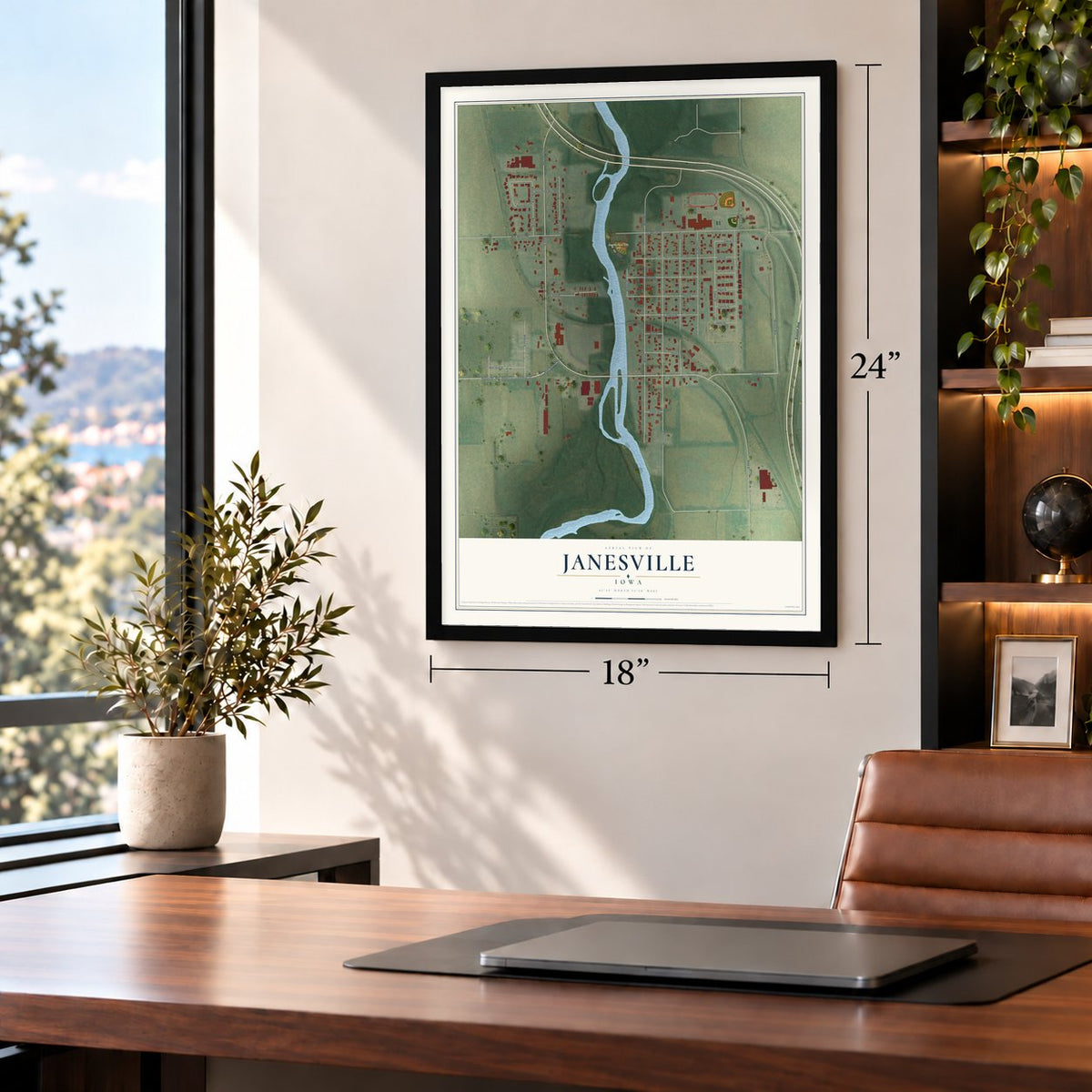 Janesville, Iowa map, 18 x 24 inch print in a black frame in a home office