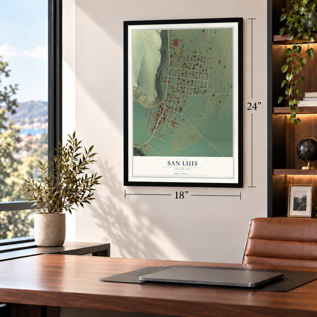San Luis, Colorado map, 18 x 24 inch print in a black frame in a home office