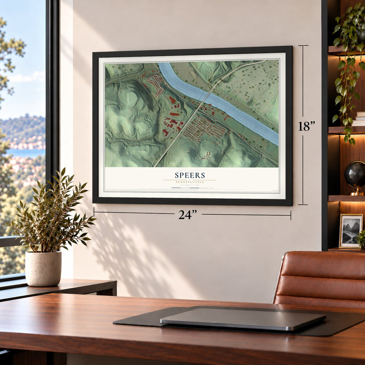 Speers, Pennsylvania map, 18 x 24 inch print in a black frame in a home office