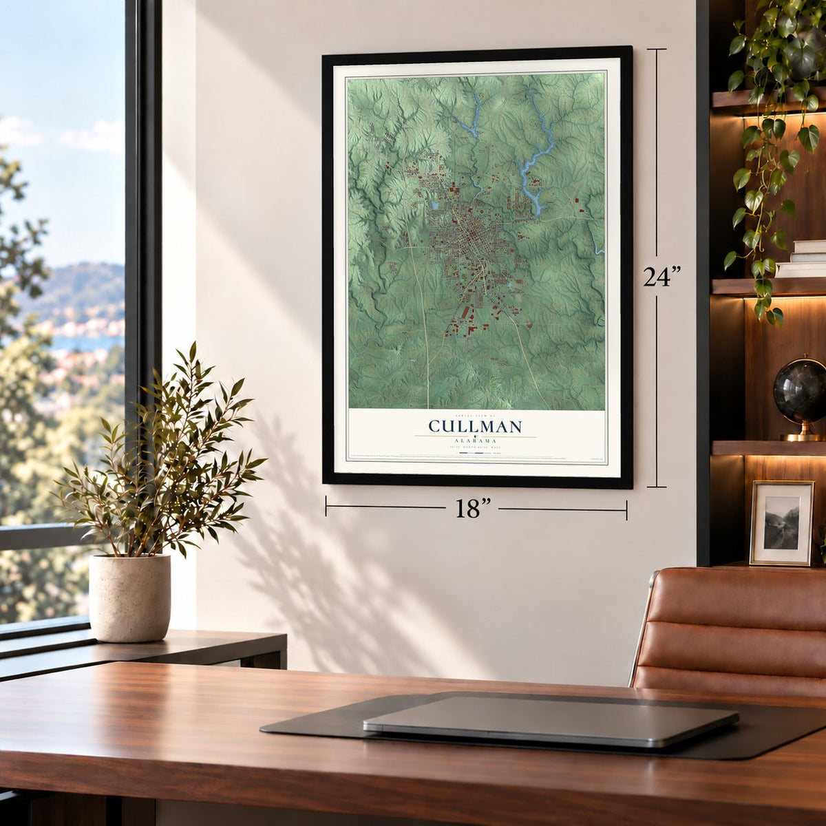 Cullman, Alabama map, 18 x 24 inch print in a black frame in a home office