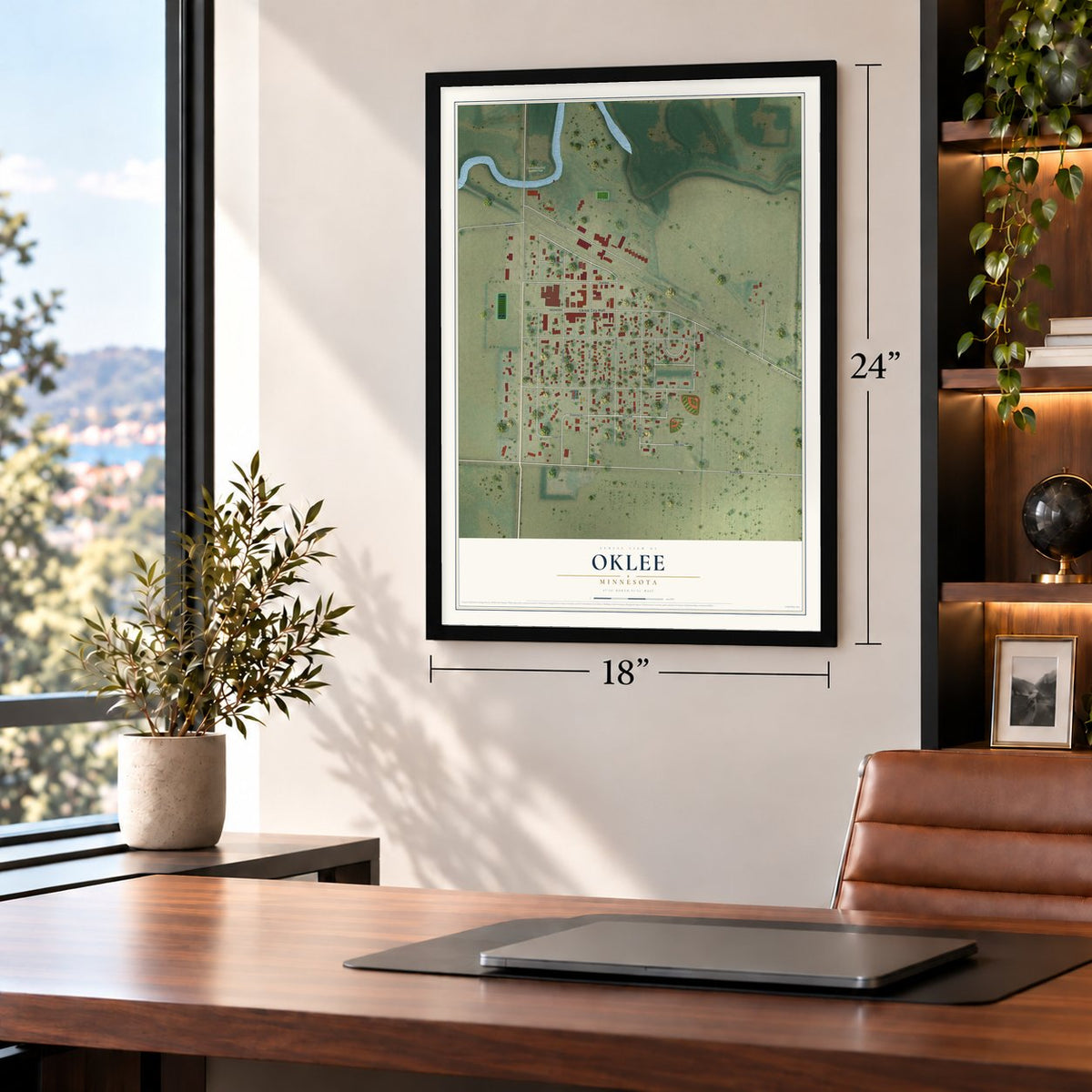 Oklee, Minnesota map, 18 x 24 inch print in a black frame in a home office