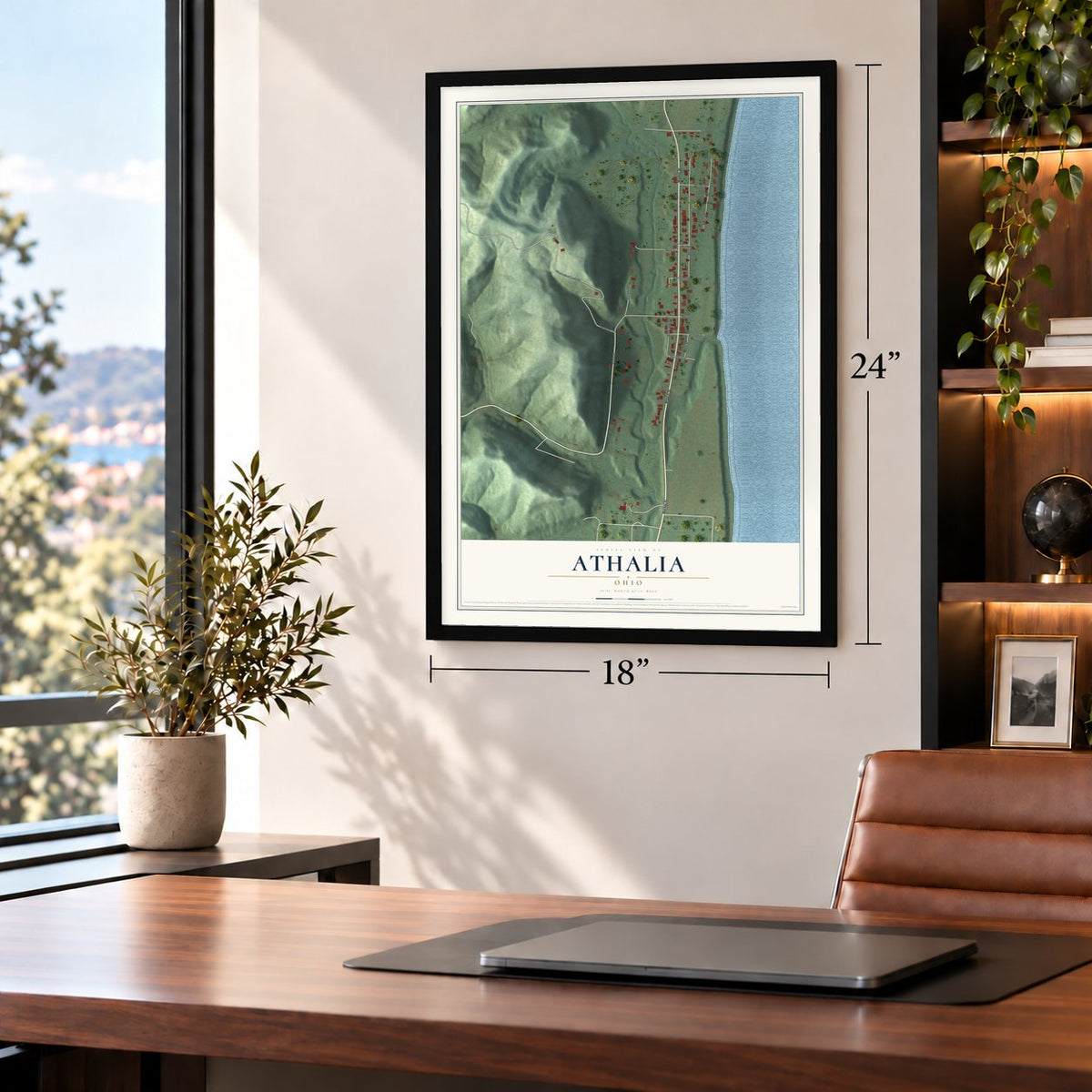 Athalia, Ohio map, 18 x 24 inch print in a black frame in a home office