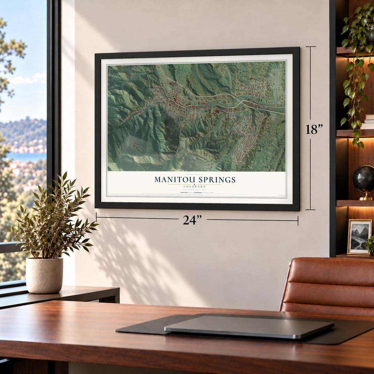 Manitou Springs, Colorado map, 18 x 24 inch print in a black frame in a home office
