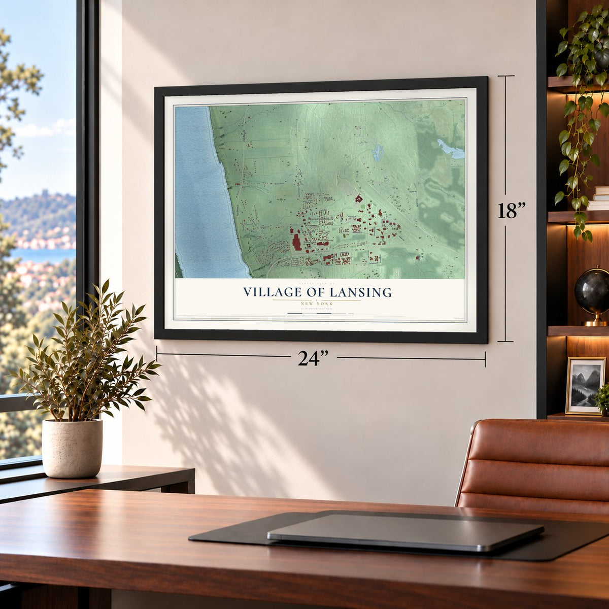 Village of Lansing, New York map, 18 x 24 inch print in a black frame in a home office