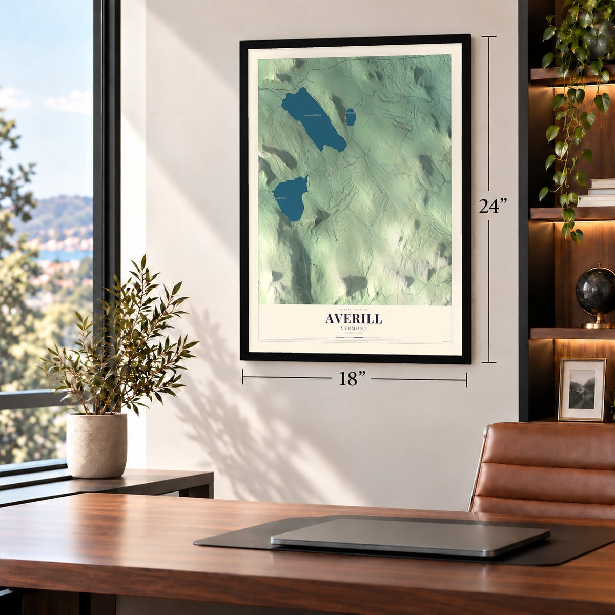 Averill, Vermont map, 18 x 24 inch print in a black frame in a home office