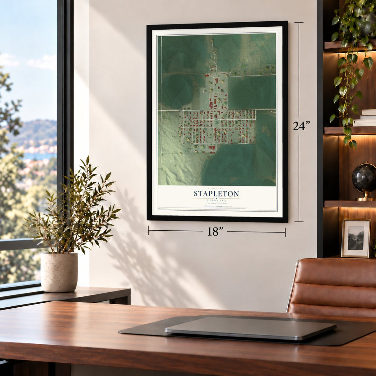 Stapleton, Nebraska map, 18 x 24 inch print in a black frame in a home office