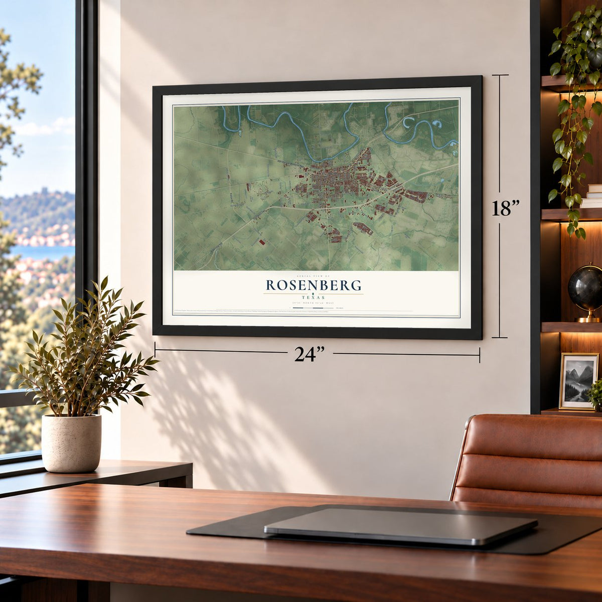 Rosenberg, Texas map, 18 x 24 inch print in a black frame in a home office