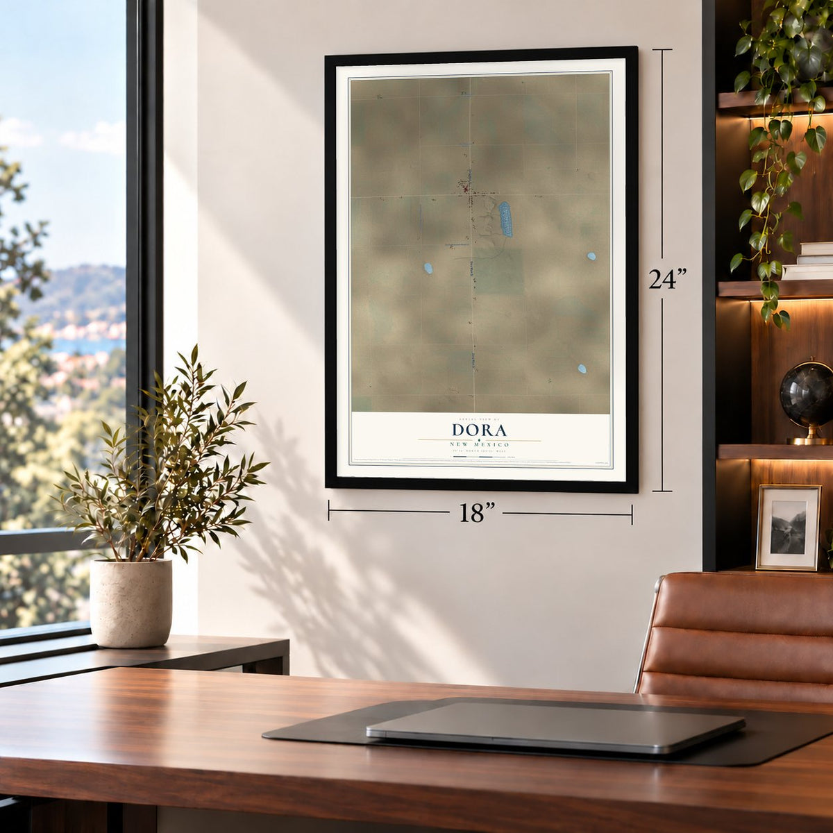 Dora, New Mexico map, 18 x 24 inch print in a black frame in a home office