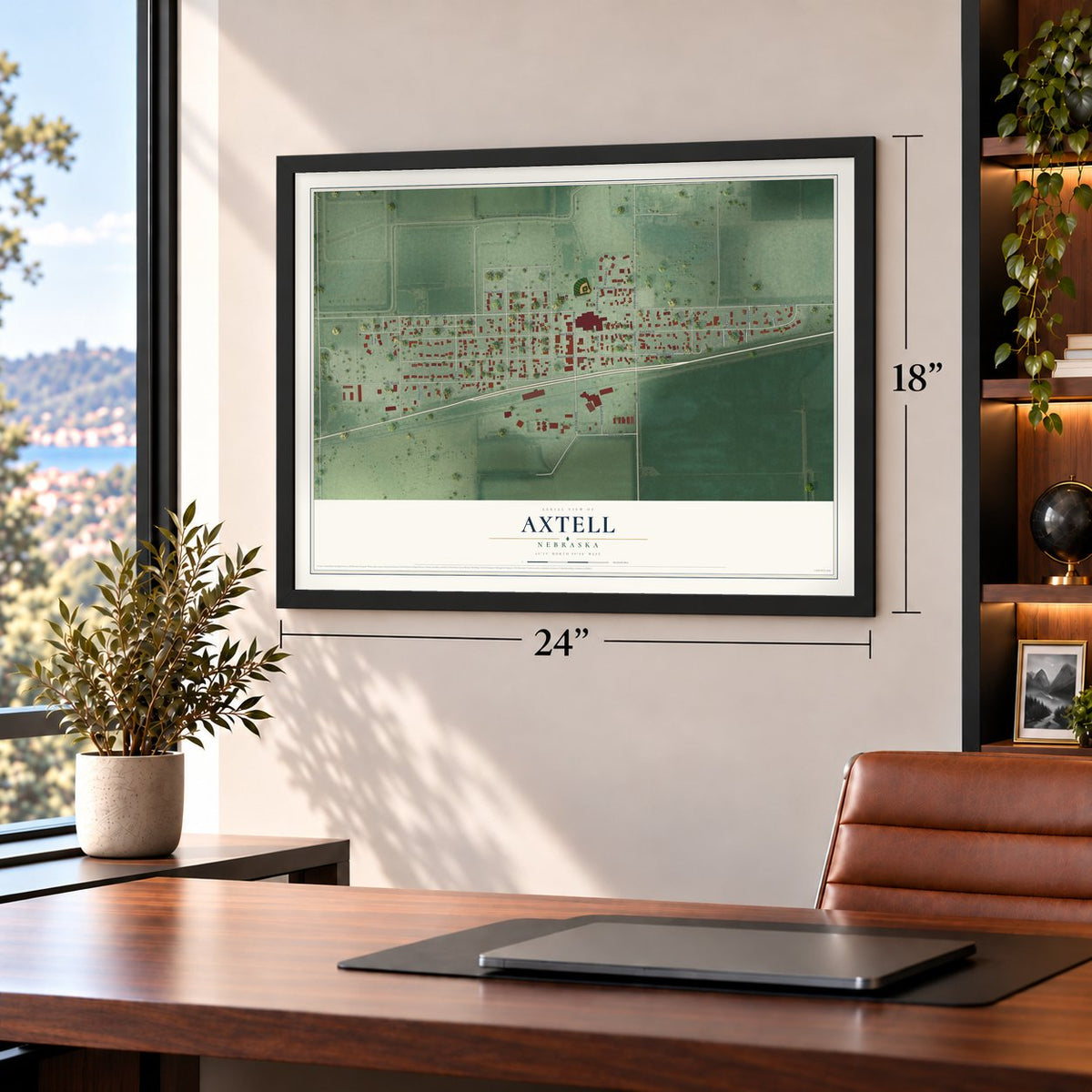 Axtell, Nebraska map, 18 x 24 inch print in a black frame in a home office