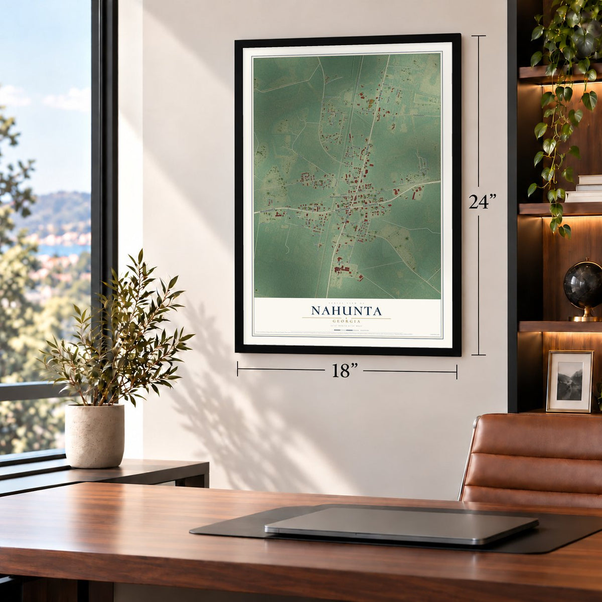 Nahunta, Georgia map, 18 x 24 inch print in a black frame in a home office