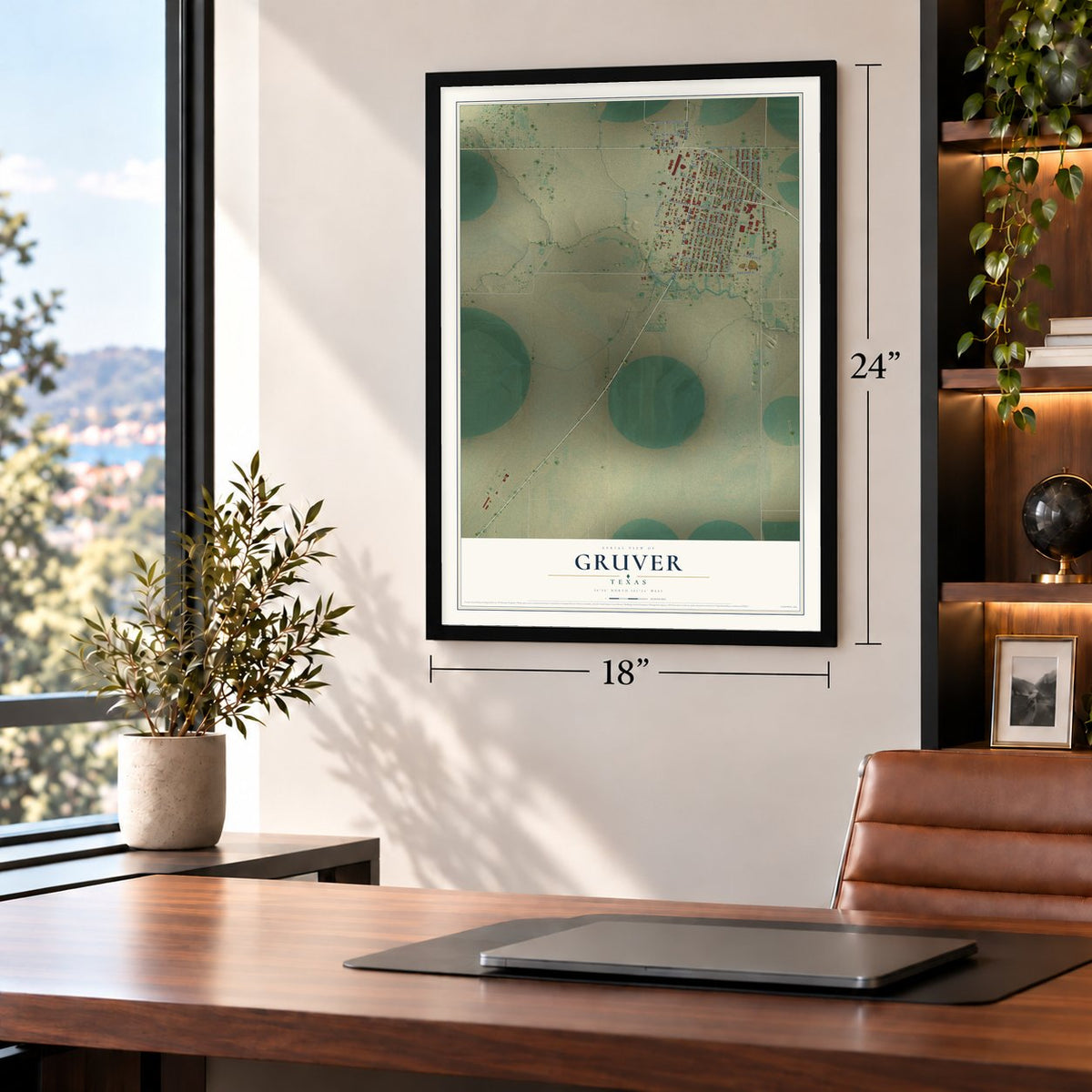 Gruver, Texas map, 18 x 24 inch print in a black frame in a home office