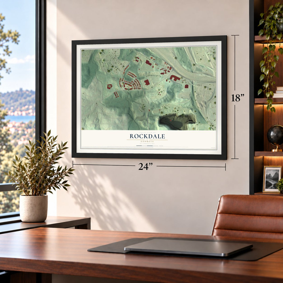 Rockdale, Georgia map, 18 x 24 inch print in a black frame in a home office