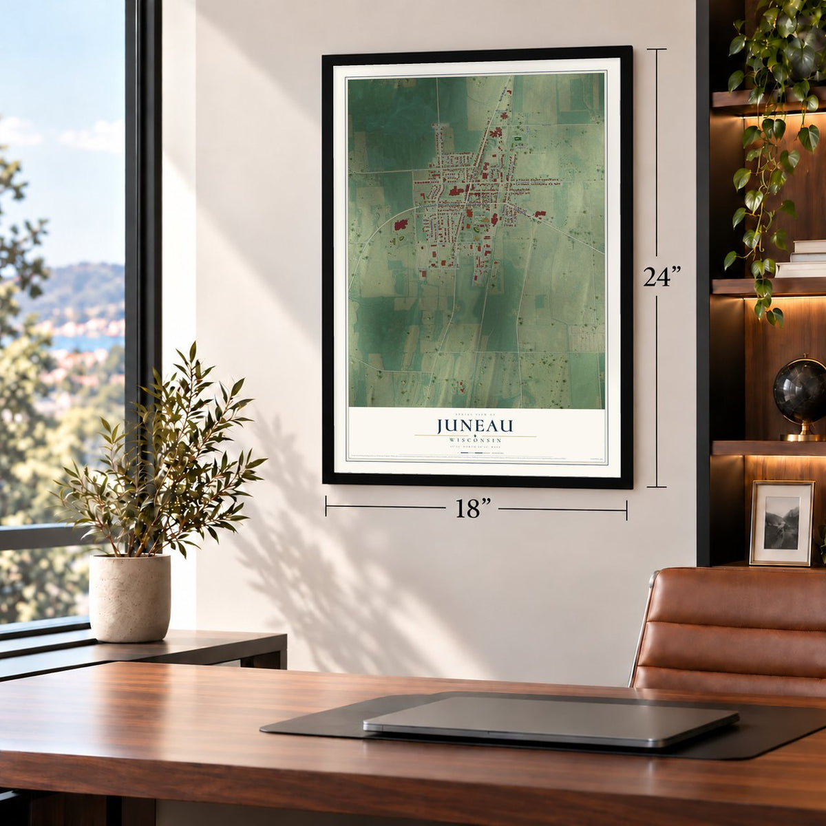 Juneau, Wisconsin map, 18 x 24 inch print in a black frame in a home office