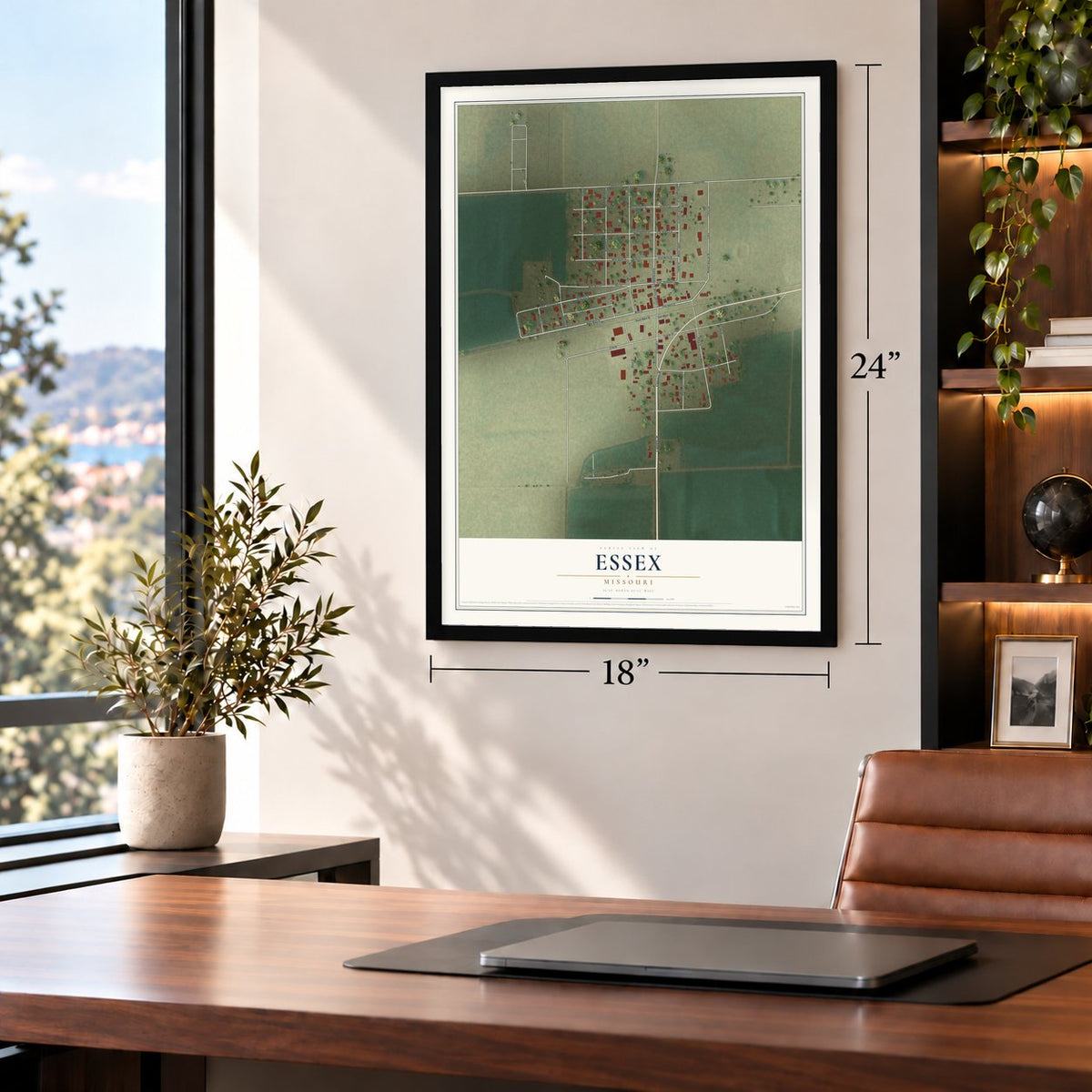 Essex, Missouri map, 18 x 24 inch print in a black frame in a home office
