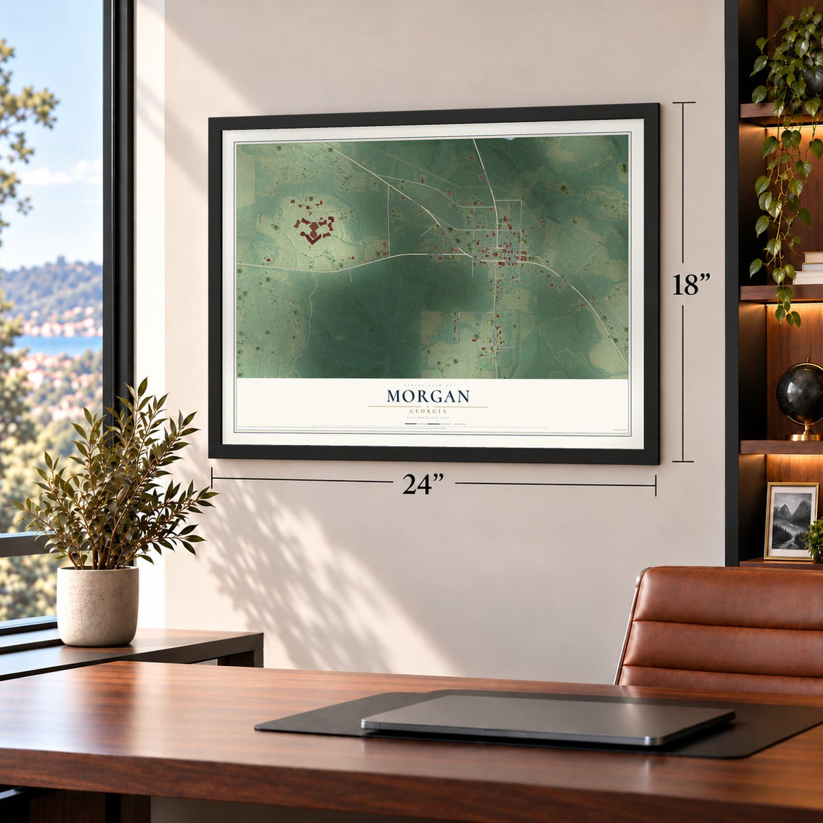 Morgan, Georgia map, 18 x 24 inch print in a black frame in a home office