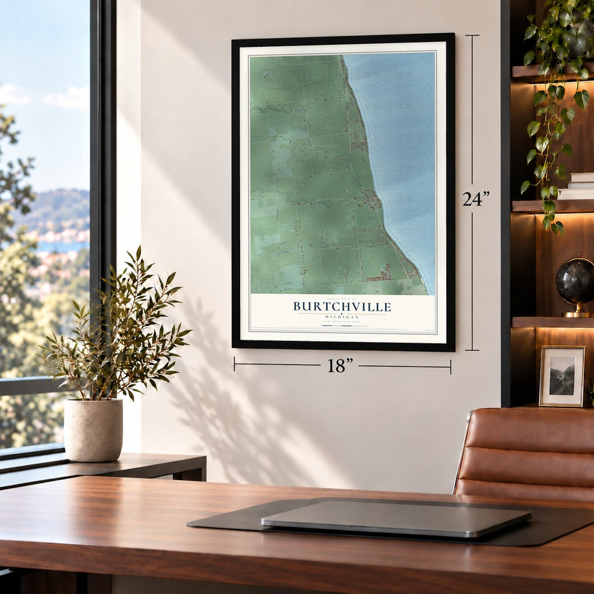 Burtchville, Michigan map, 18 x 24 inch print in a black frame in a home office
