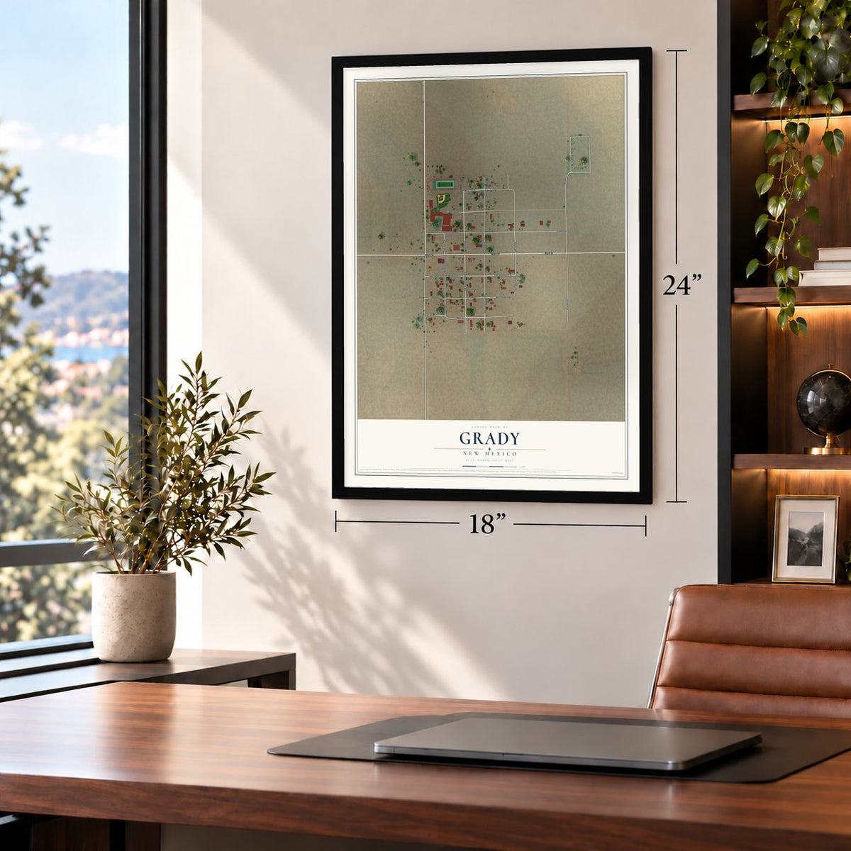 Grady, New Mexico map, 18 x 24 inch print in a black frame in a home office